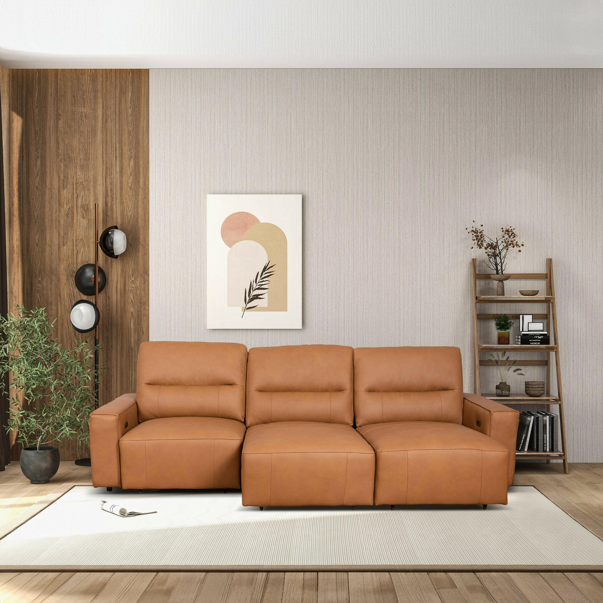 Grant Triple PWR Convertible Sofa - Cognac Leather.