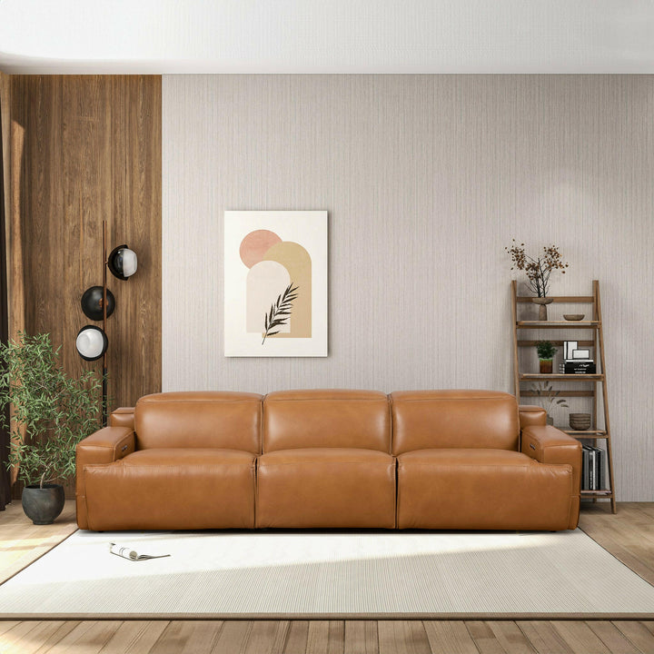 Urbana Triple PWR Recliner Sofa - Tan Leather.