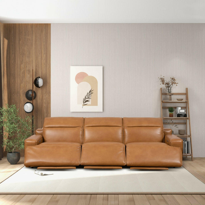 Urbana Triple PWR Recliner Sofa - Tan Leather.