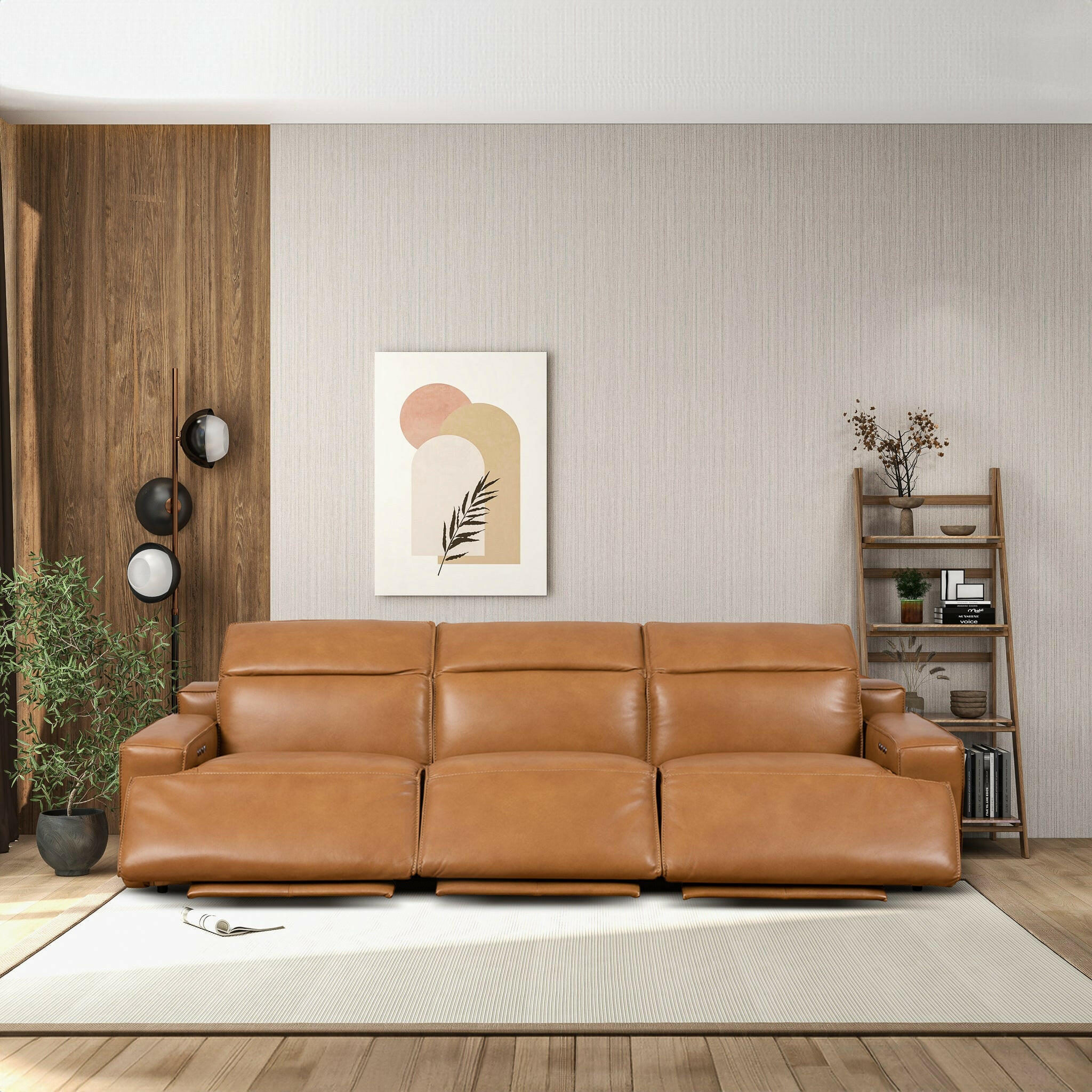 Urbana Triple PWR Recliner Sofa - Tan Leather.