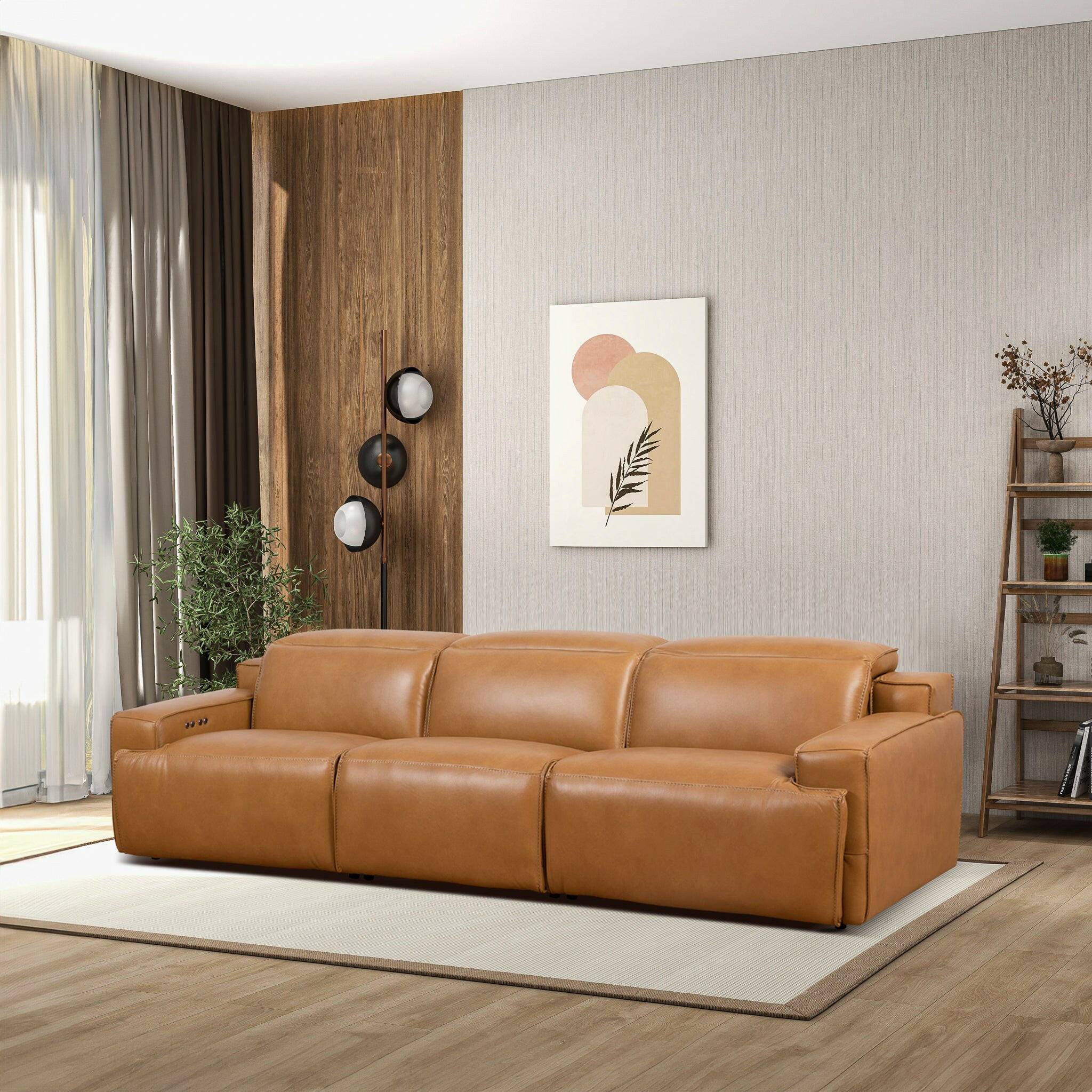 Urbana Triple PWR Recliner Sofa - Tan Leather.