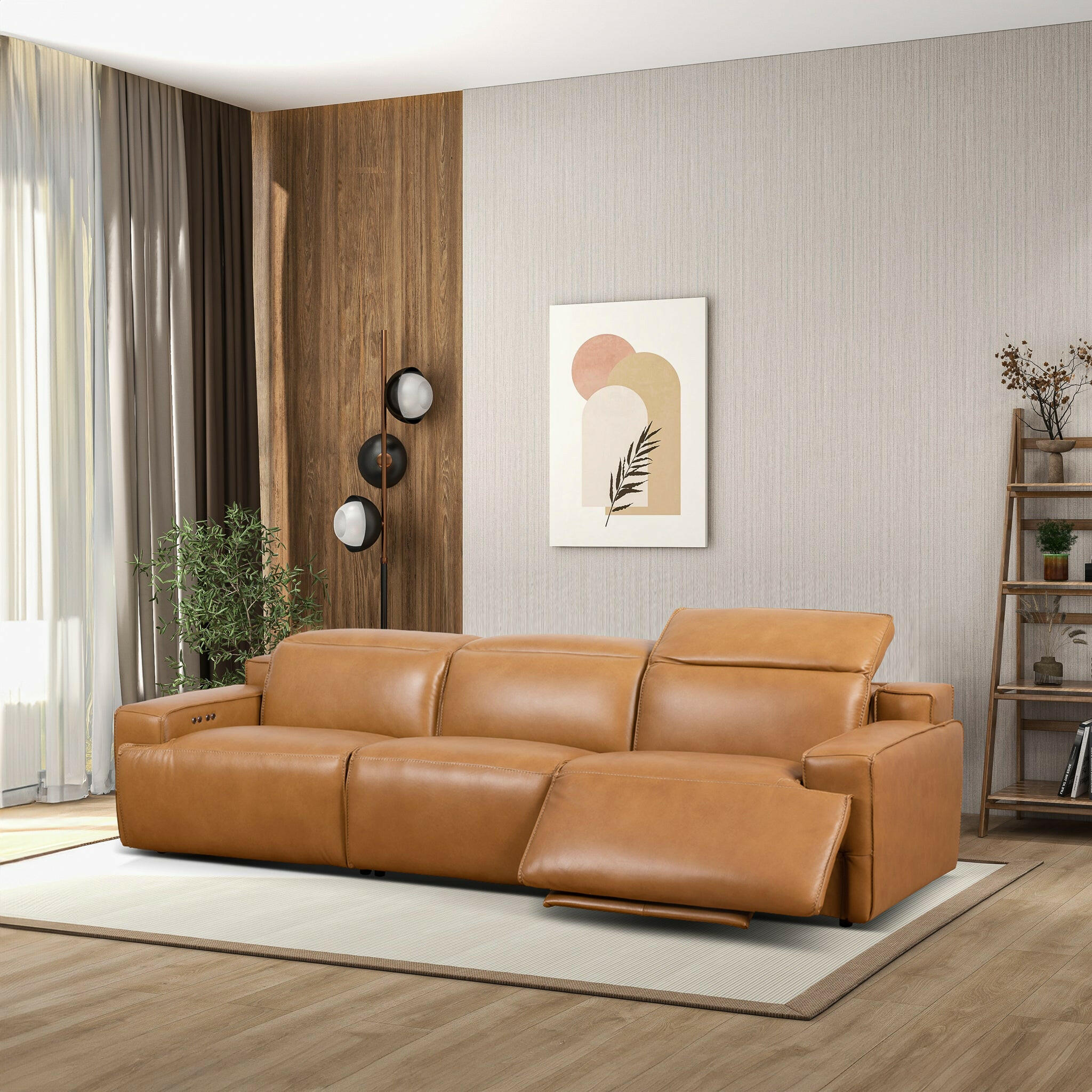 Urbana Triple PWR Recliner Sofa - Tan Leather.