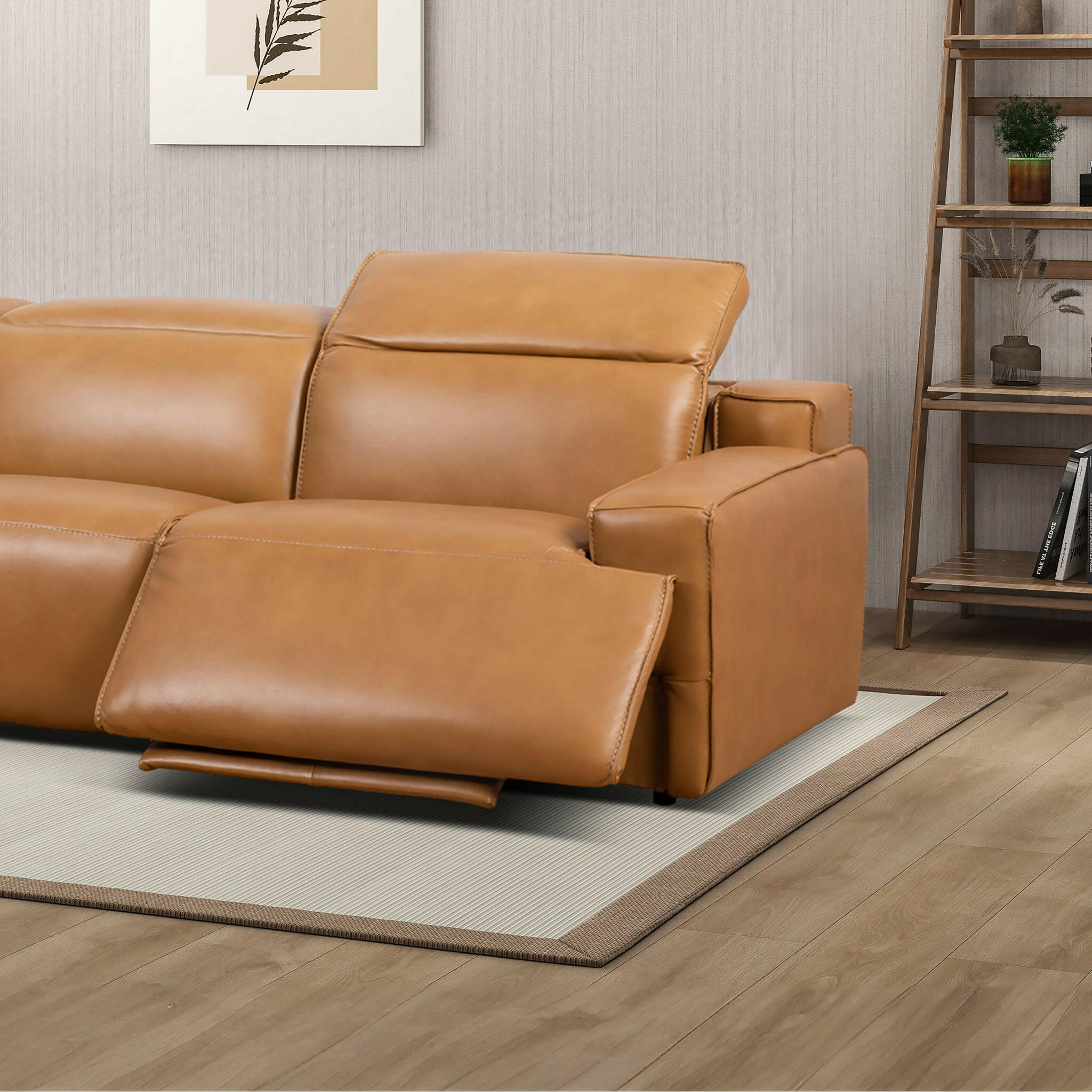 Urbana Triple PWR Recliner Sofa - Tan Leather.