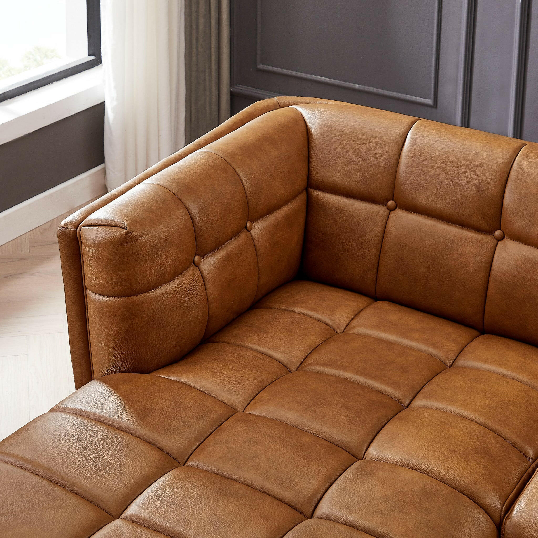 Addison Left Sectional Cognac Leather Sofa.