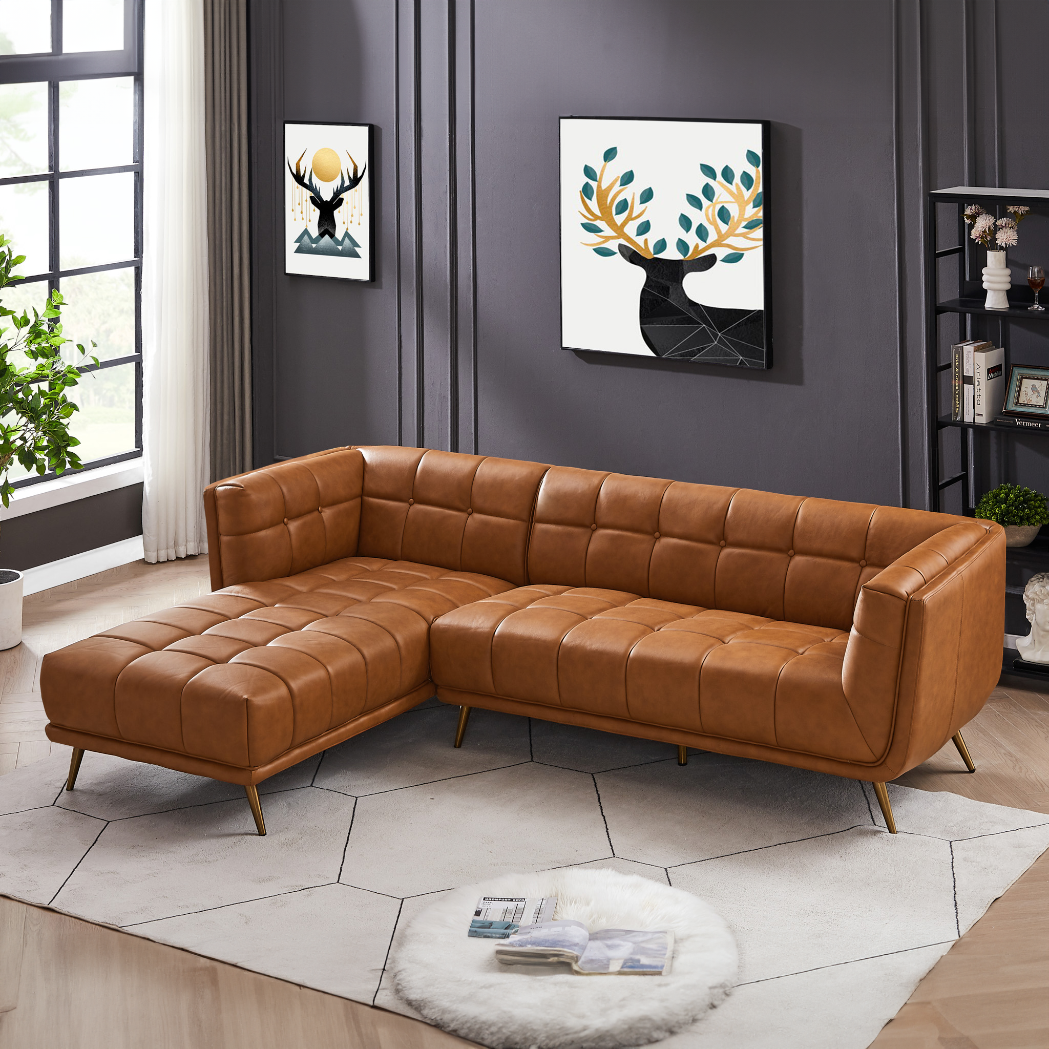 Addison Left Sectional Cognac Leather Sofa.