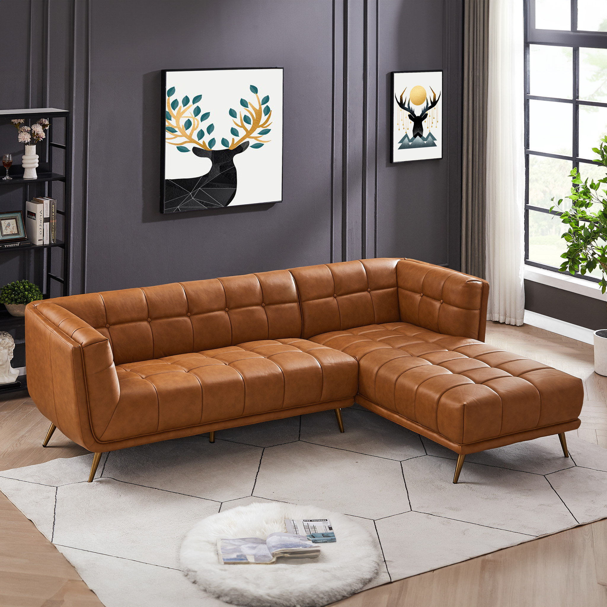 Addison Right Sectional Cognac Leather Sofa.