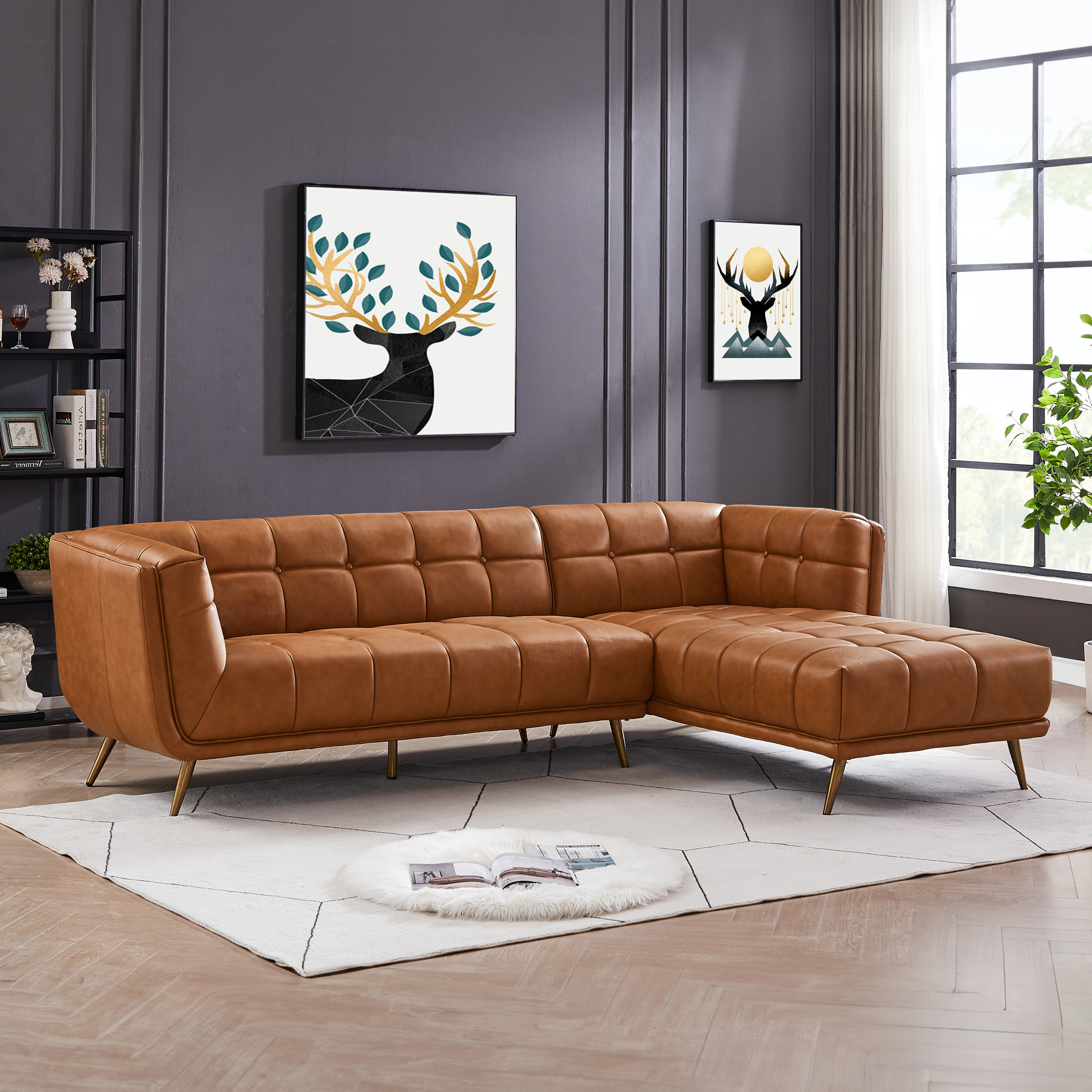 Addison Right Sectional Cognac Leather Sofa.