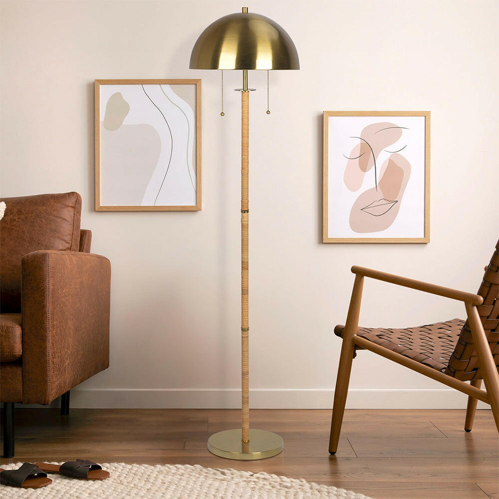 Allure 2-Light Floor Lamp, Gold Brass, Natural Rattan Tube , Double On/Off Pull Chain.