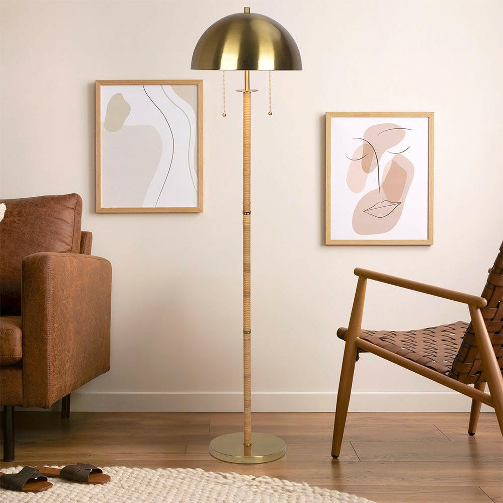 Allure 2-Light Floor Lamp, Gold Brass, Natural Rattan Tube , Double On/Off Pull Chain.