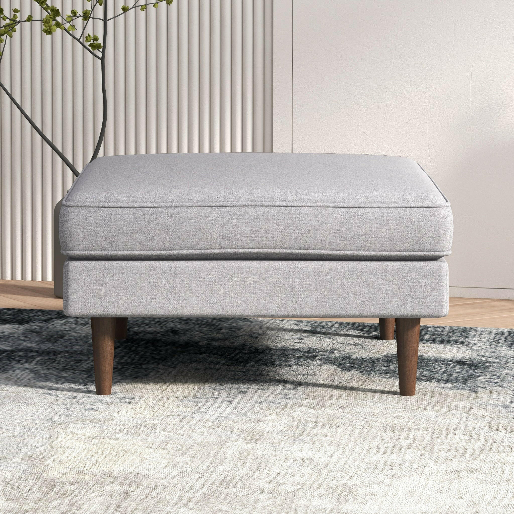 Amber Square Upholstered Ottoman (Light Gray Linen).