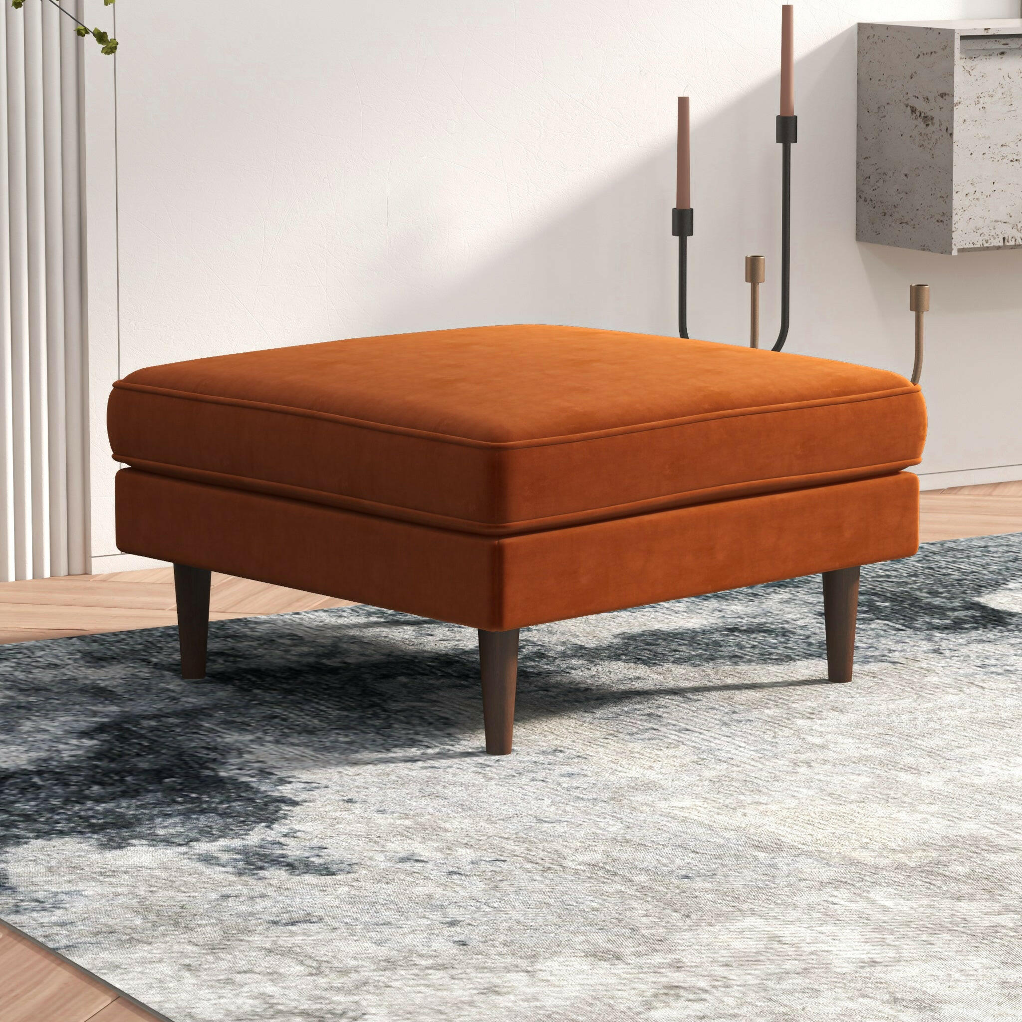 Amber Square Upholstered Ottoman (Burnt Orange Velvet).