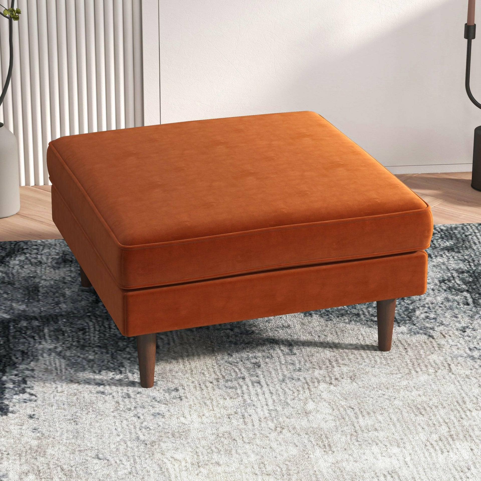 Amber Square Upholstered Ottoman (Burnt Orange Velvet).