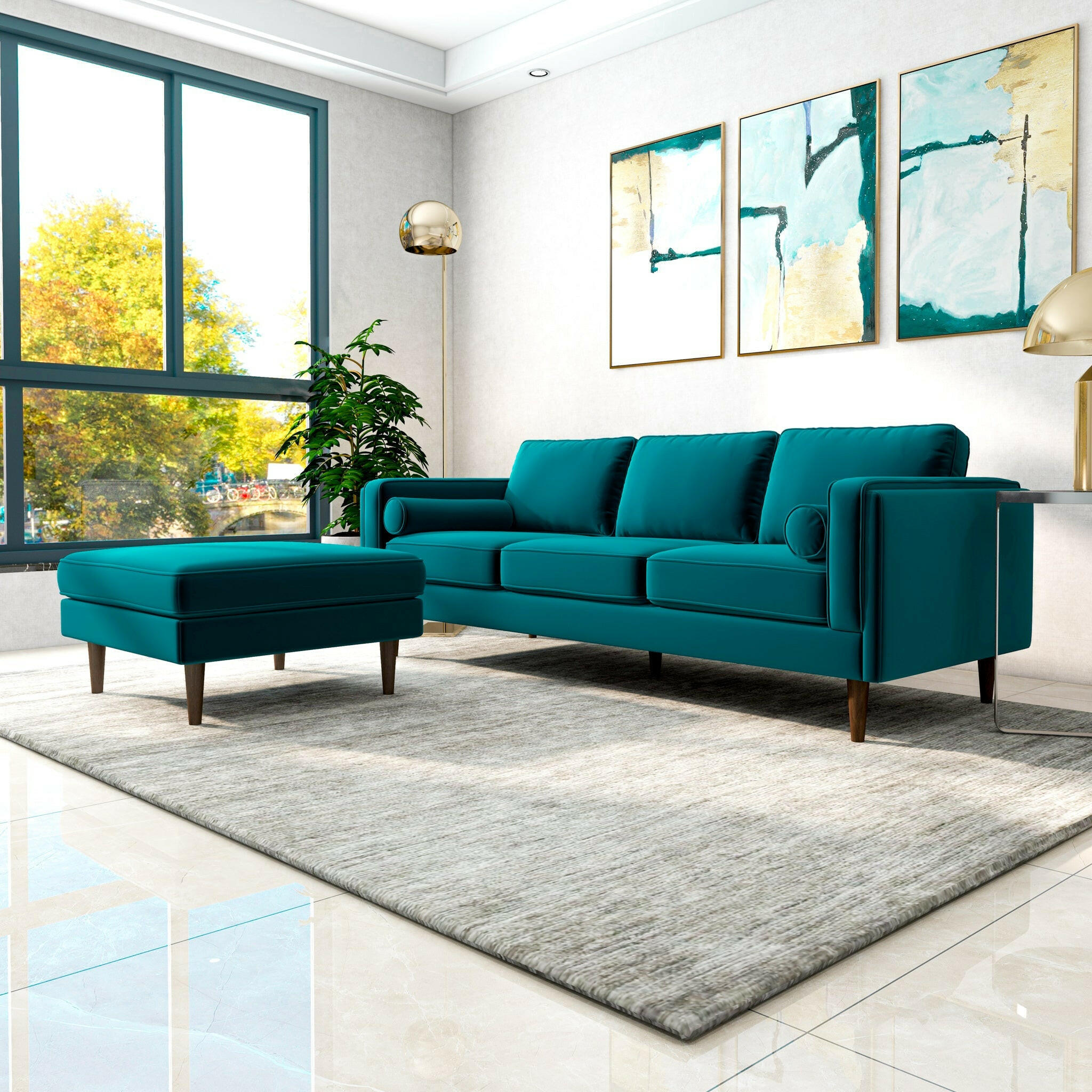 Amber Square Upholstered Ottoman (Teal Velvet).