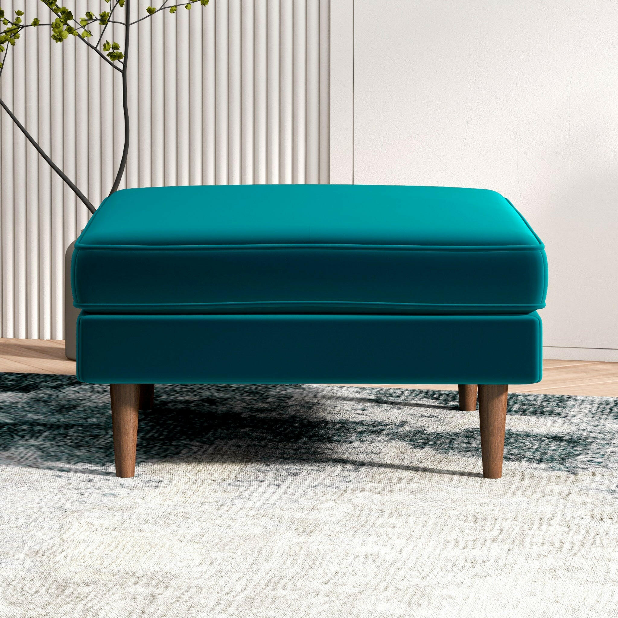 Amber Square Upholstered Ottoman (Teal Velvet).