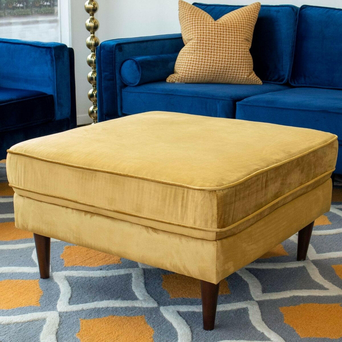 Amber Square Upholstered Ottoman (Yellow Velvet).