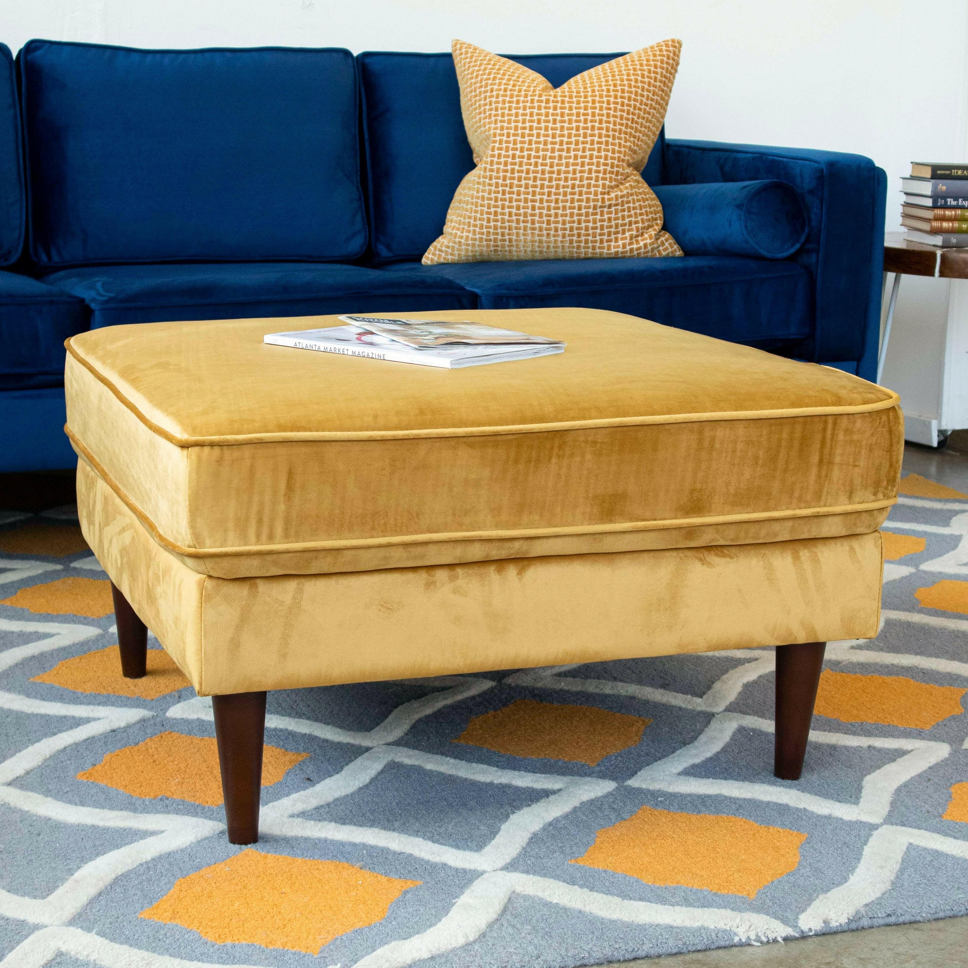 Amber Square Upholstered Ottoman (Yellow Velvet).