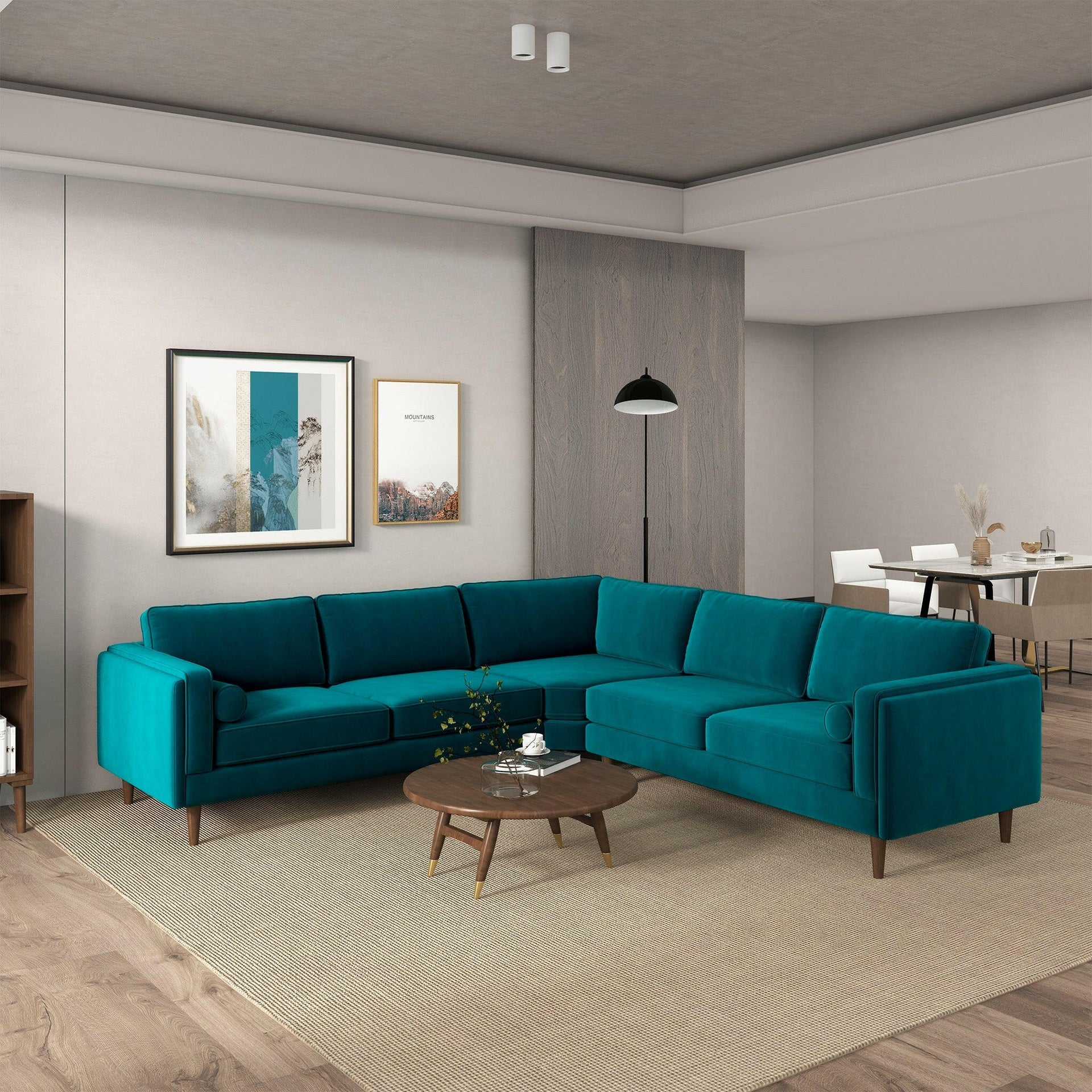 Amber Teal Velvet Corner Sectional Sofa.