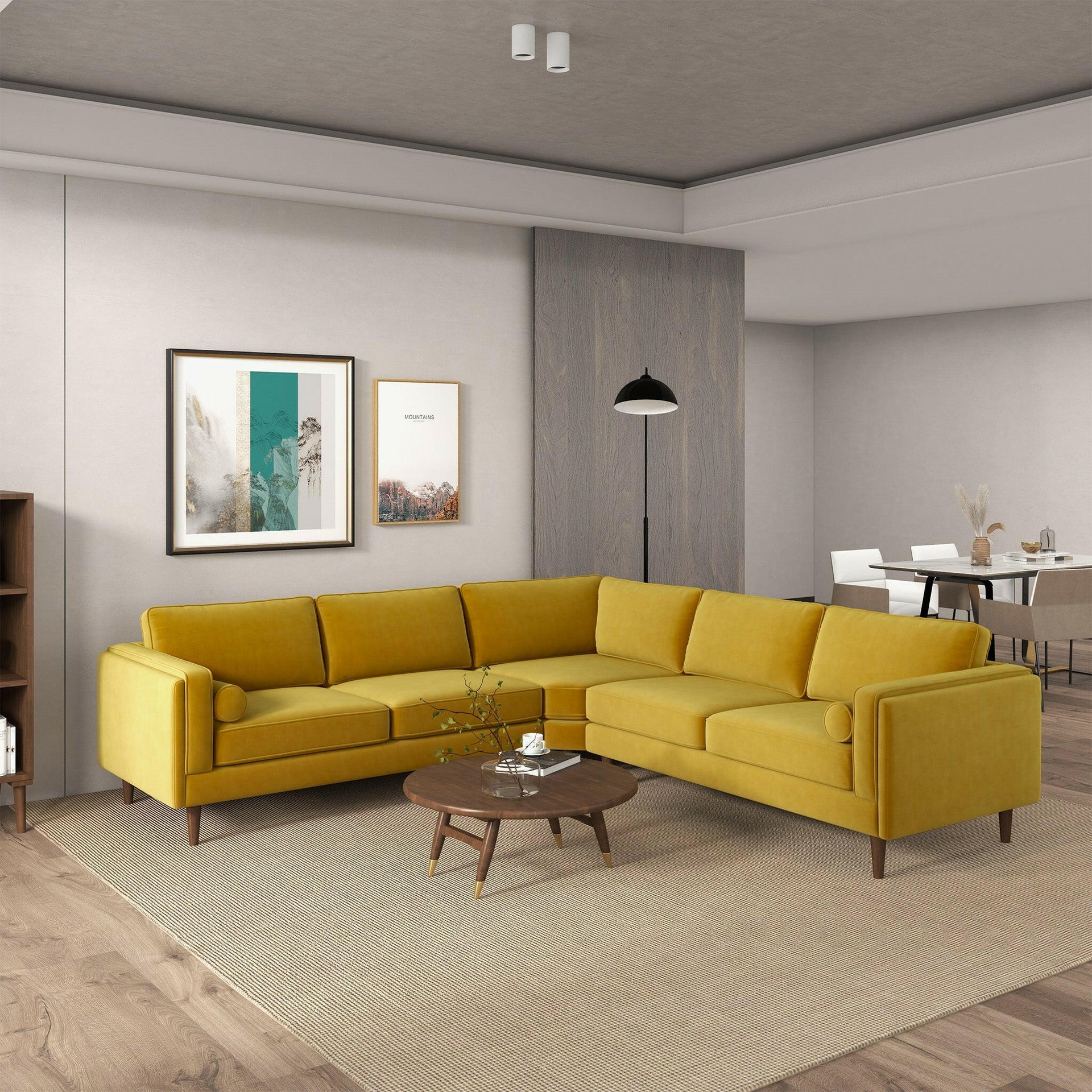 Amber Yellow Velvet Corner Sectional Sofa.