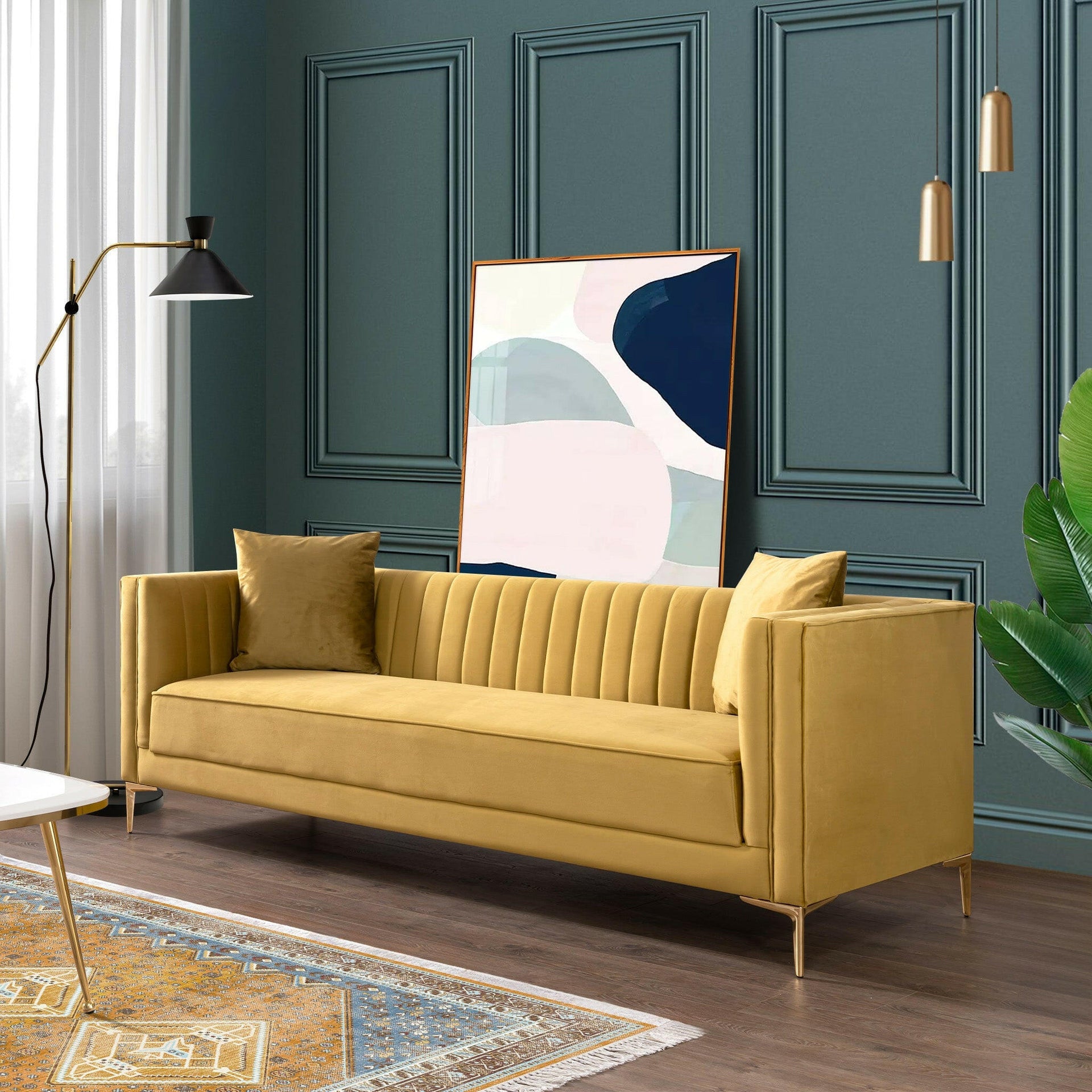 Angelina Sofa 91" (Yellow Mustard Velvet).