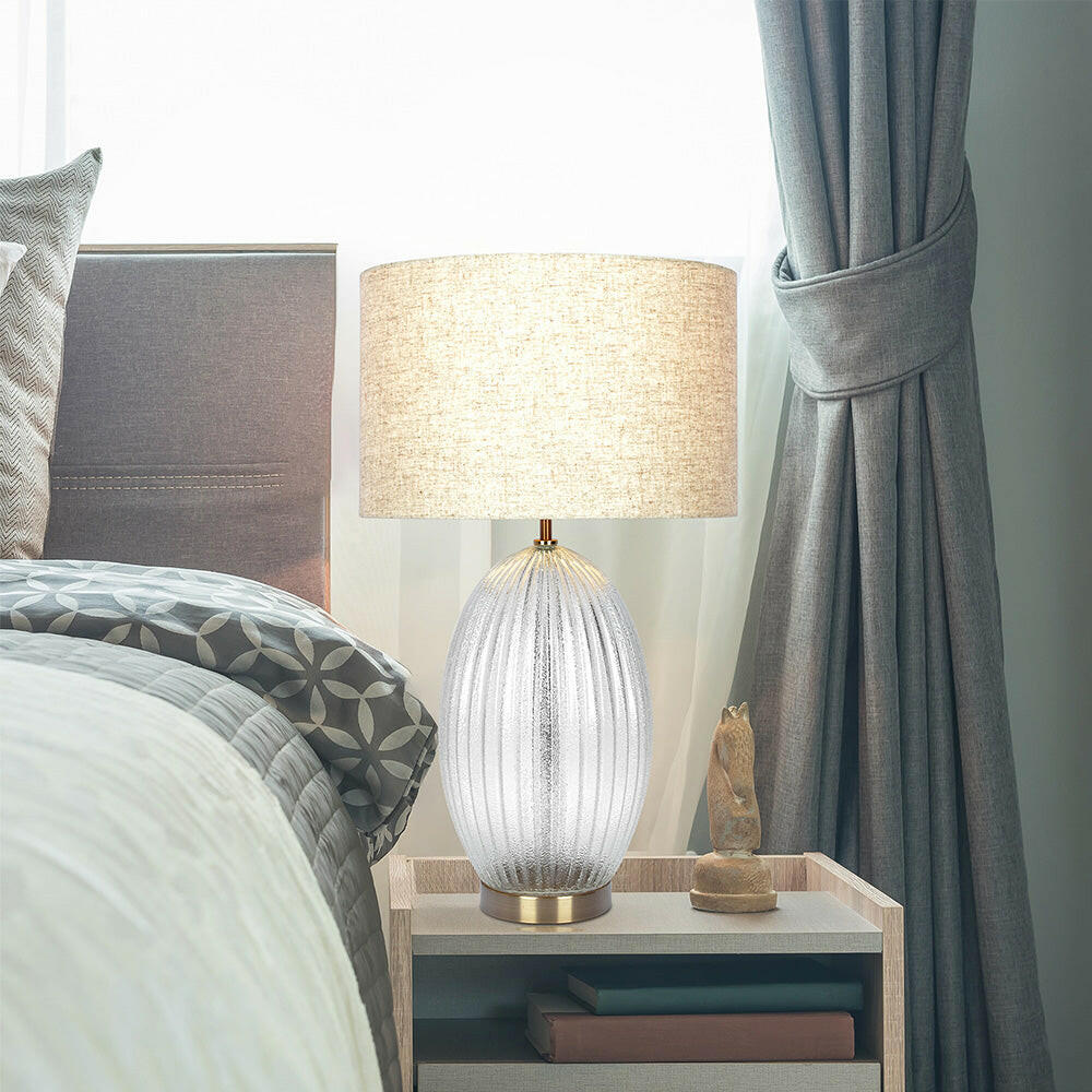 Aurora Ribbed Glass Lamp Base Clear Table Lamp Large Linen Shade.