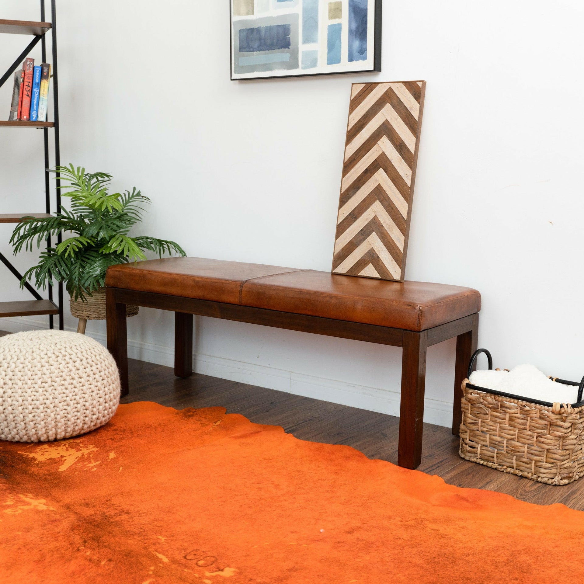 Austin Antique Tan Leather Bench with Lines.