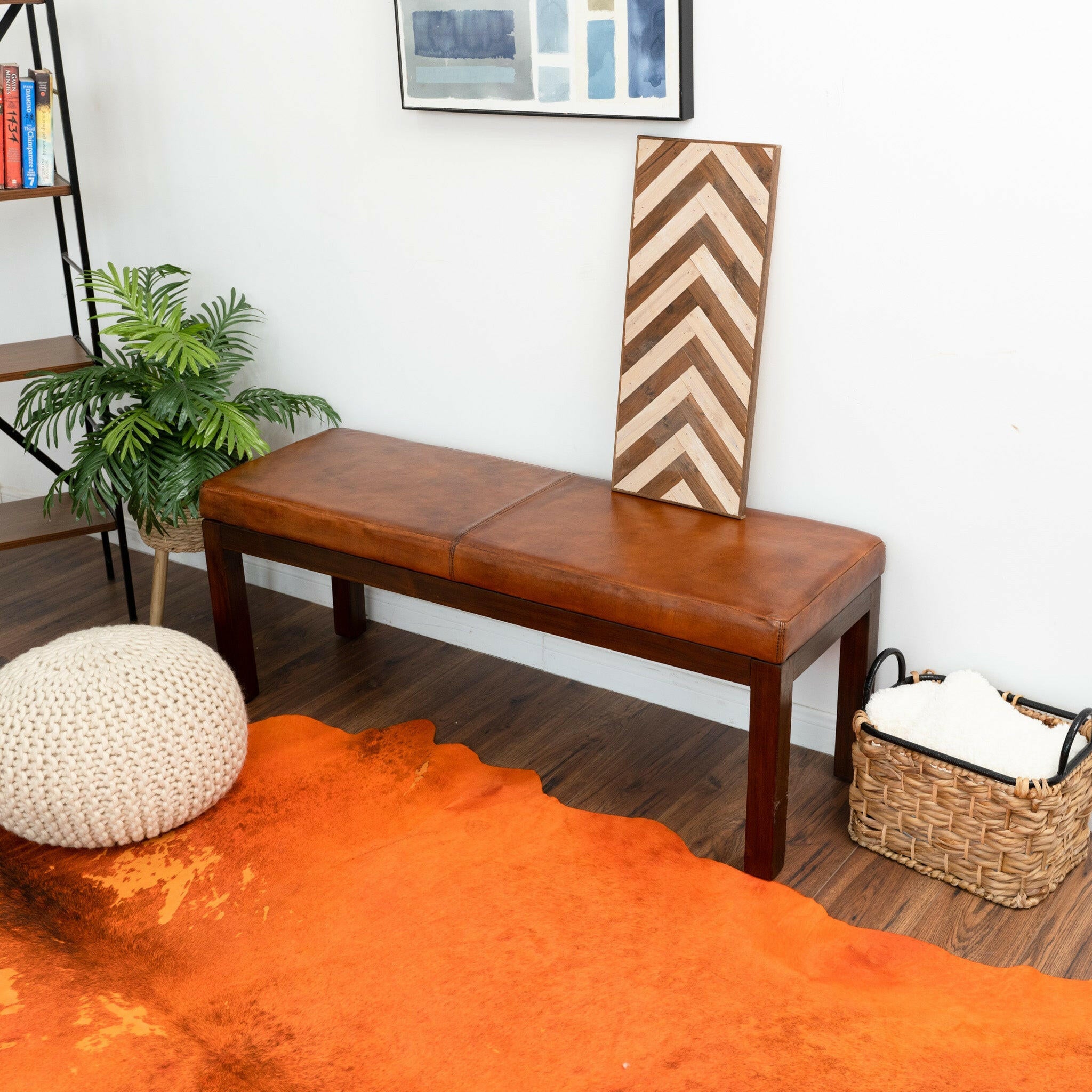 Austin Antique Tan Leather Bench with Lines.