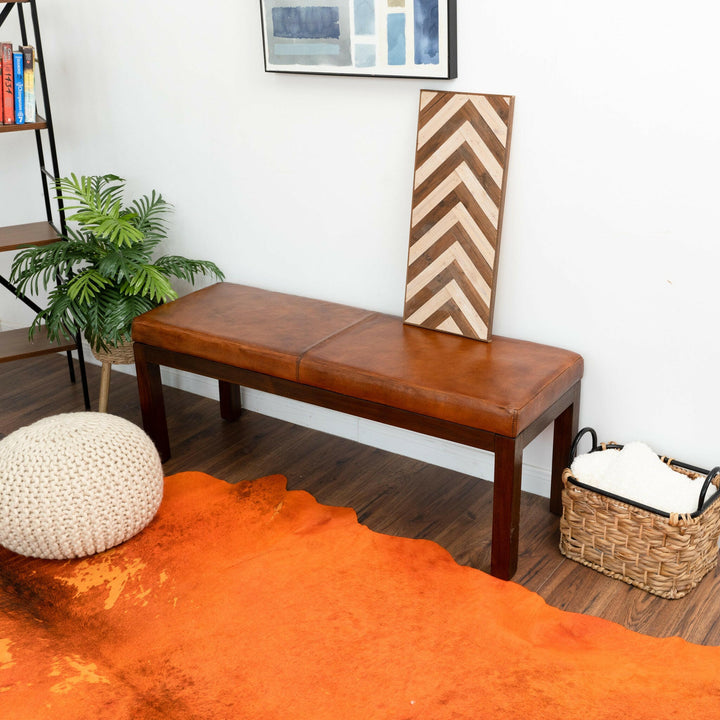 Austin Antique Tan Leather Bench with Lines.