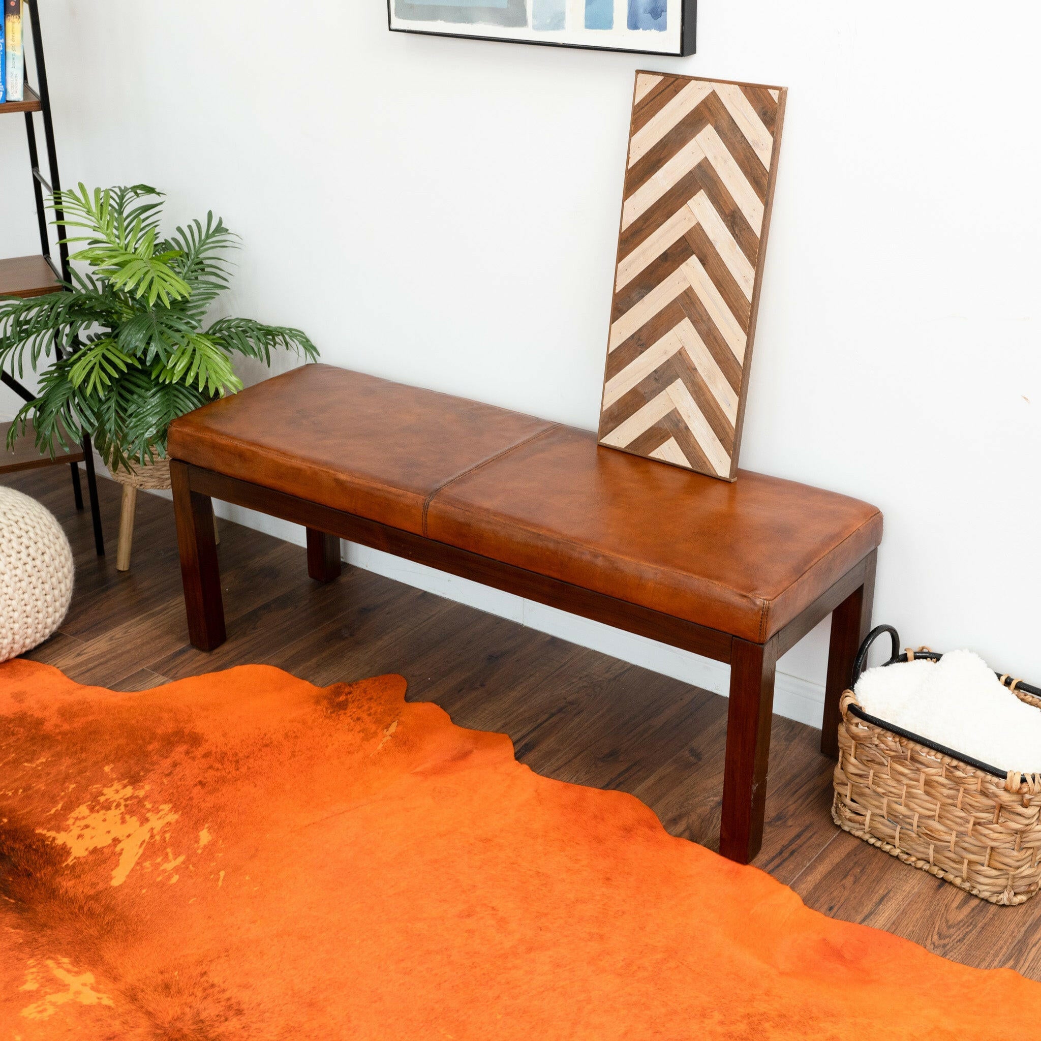 Austin Antique Tan Leather Bench with Lines.