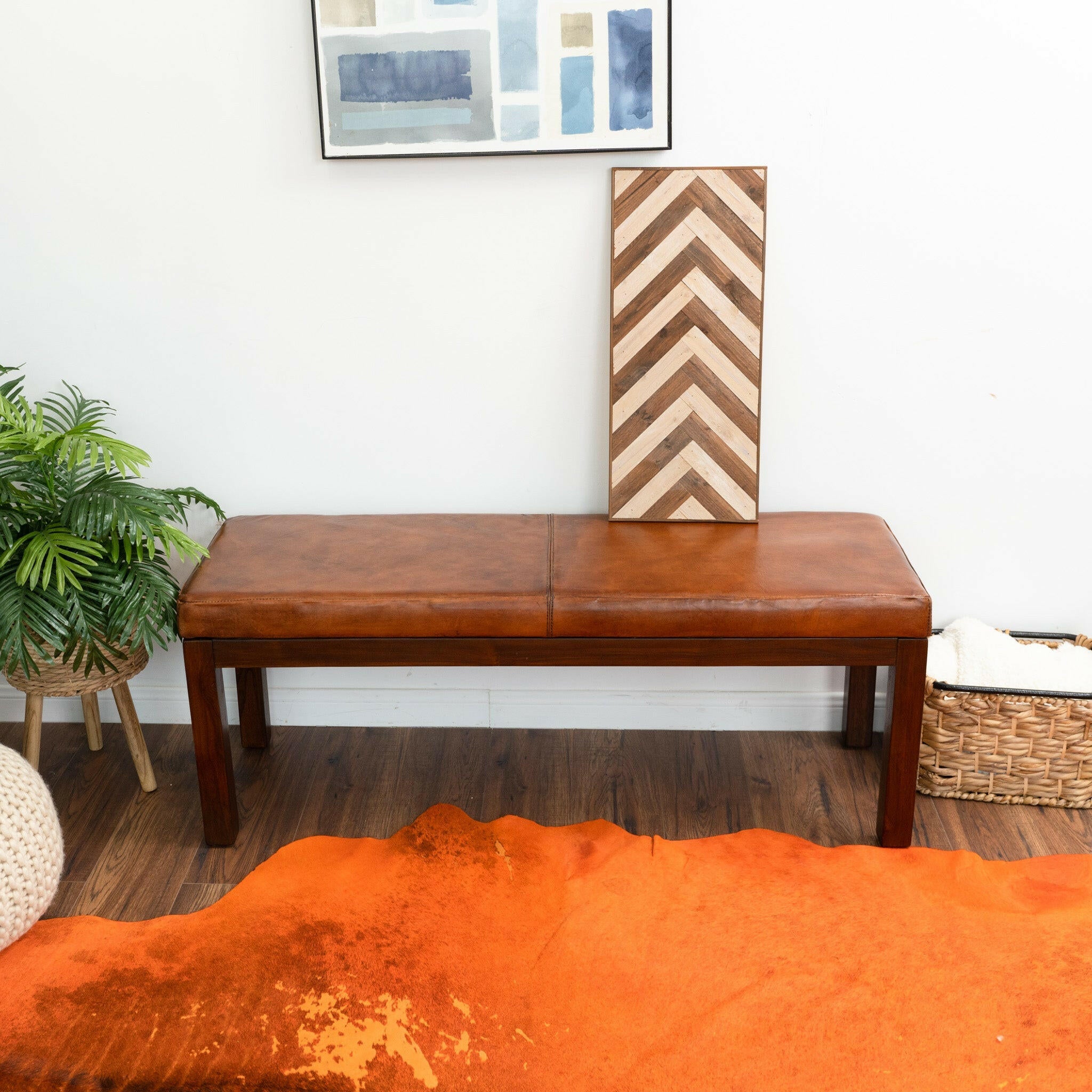 Austin Antique Tan Leather Bench with Lines.