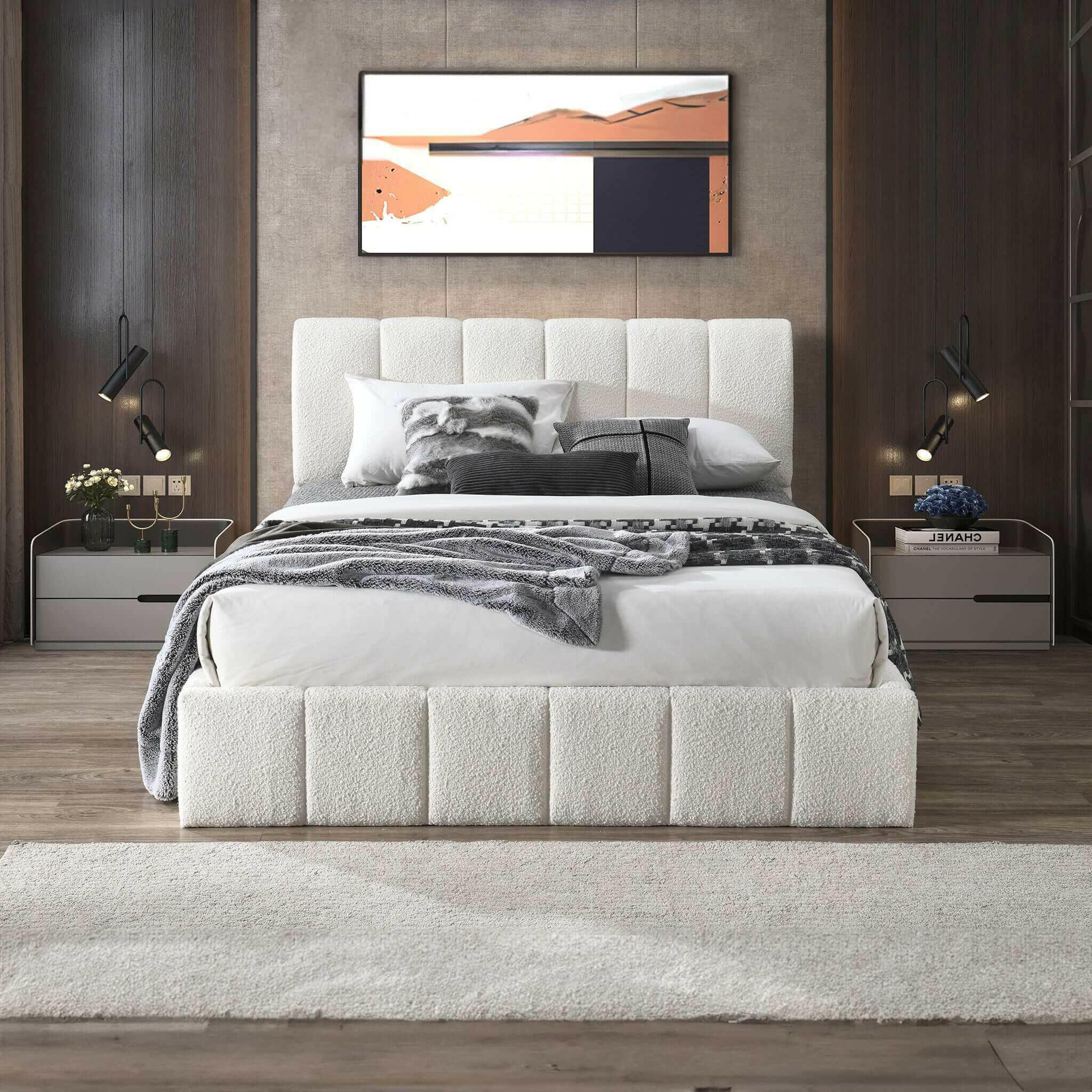 Hilar White Boucle King Platform Bed.