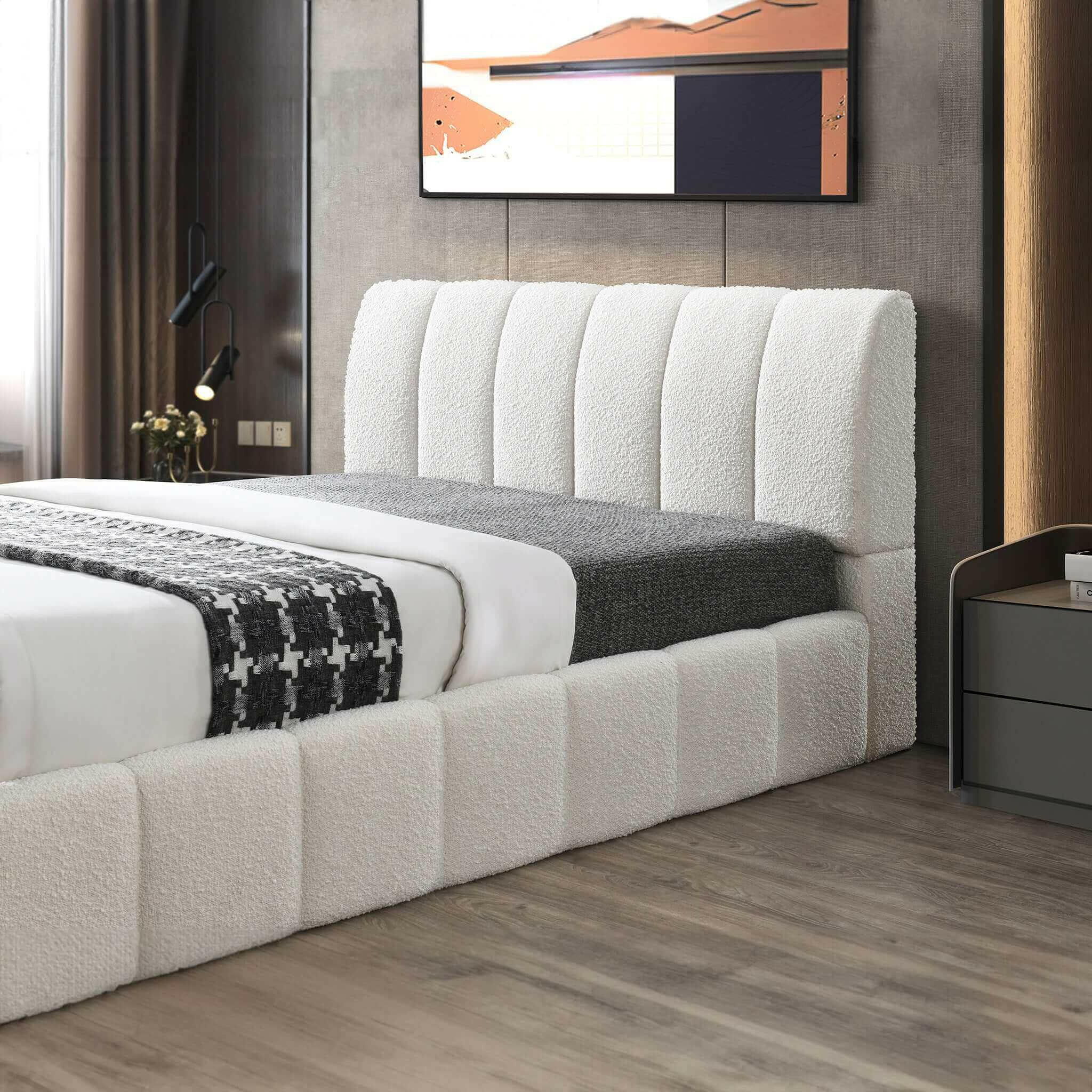 Hilar White Boucle Queen Platform Bed.