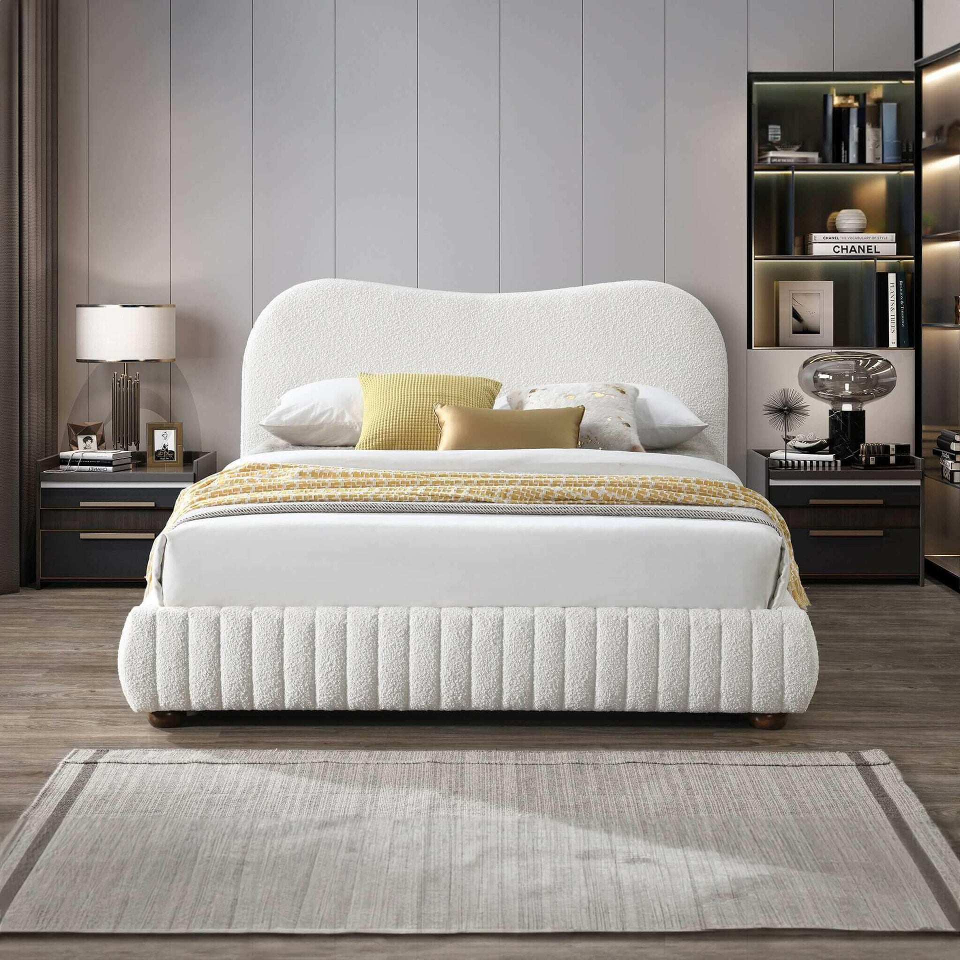 Norme Cream Boucle Upholstered Low Profile Queen Platform Bed.