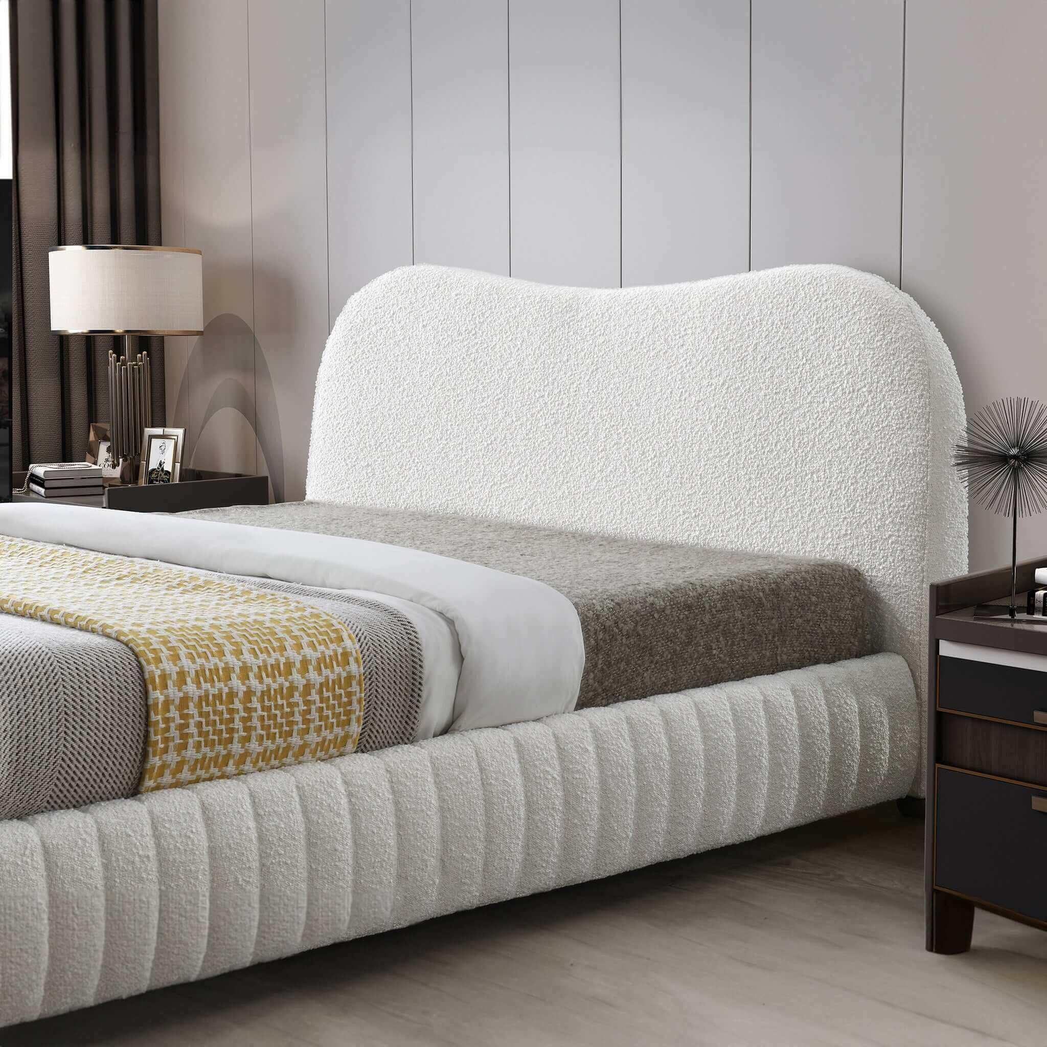 Norme Cream Boucle Upholstered Low Profile Queen Platform Bed.