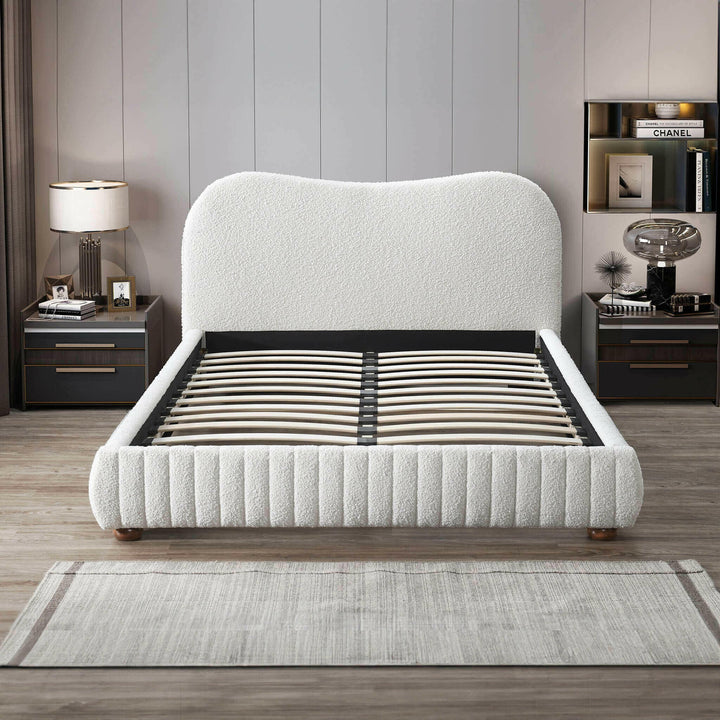 Norme Cream Boucle Upholstered Low Profile Queen Platform Bed.