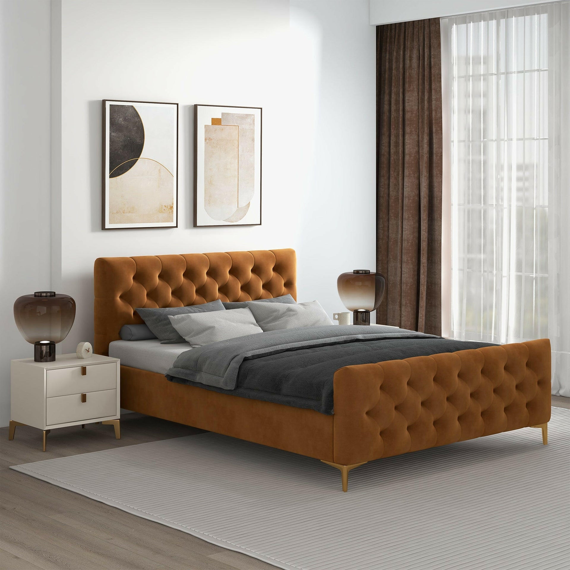 Bailey Cognac Velvet Queen Bed.