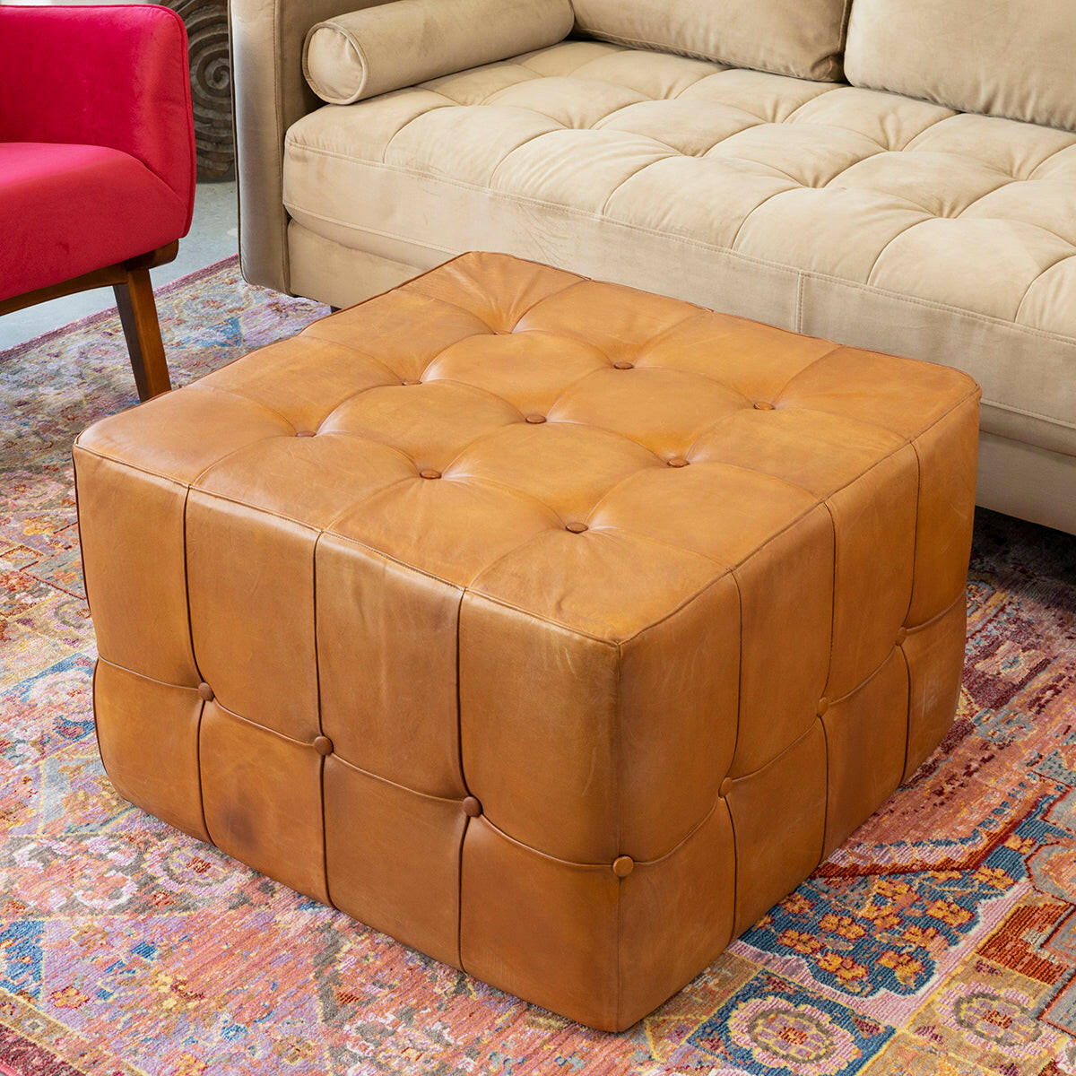 Benjiro Square Tan Leather Ottoman.