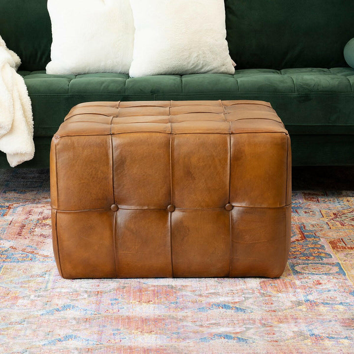 Benjiro Square Tan Leather Ottoman.