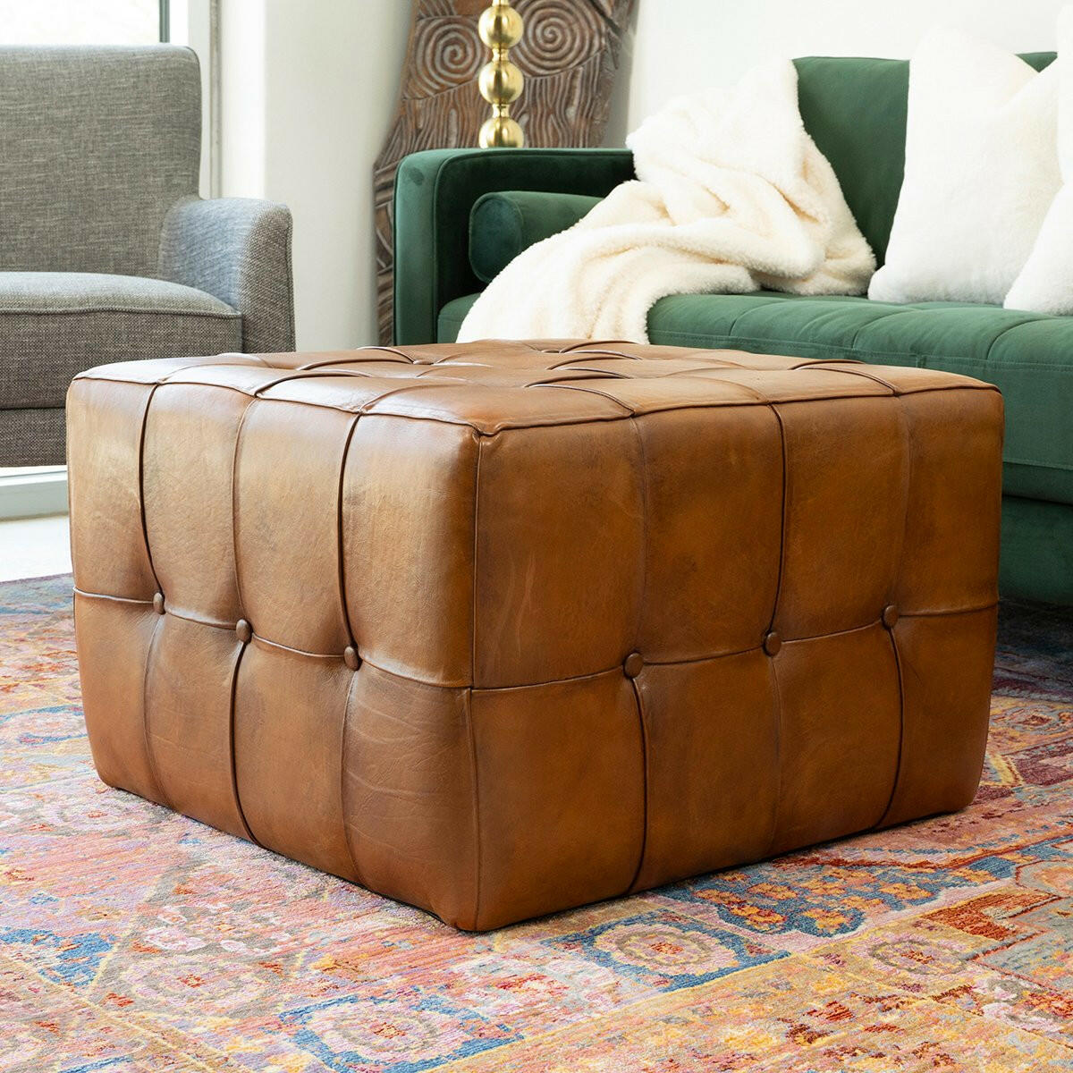 Benjiro Square Tan Leather Ottoman.