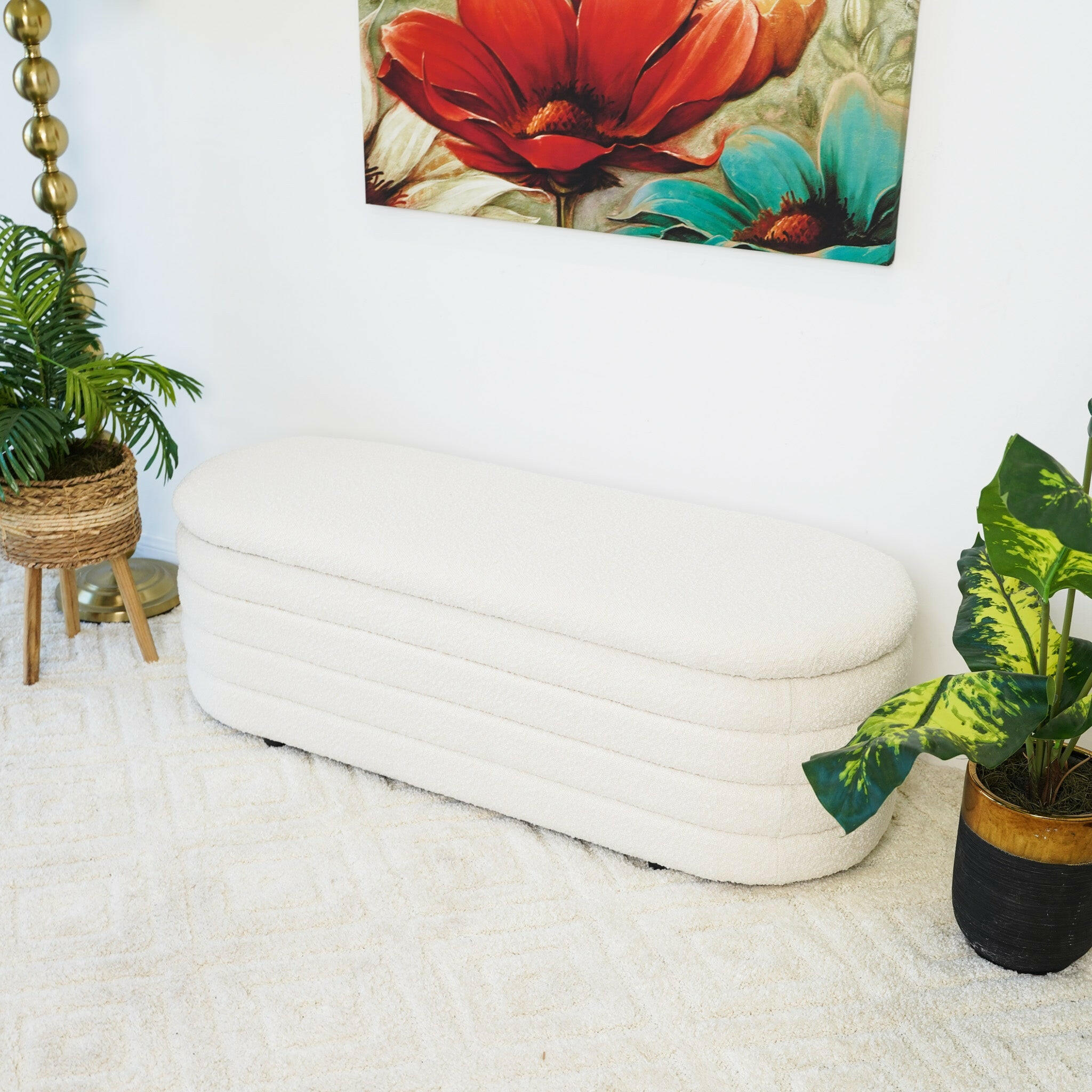 Cabana White Boucle Bench w/Storage.