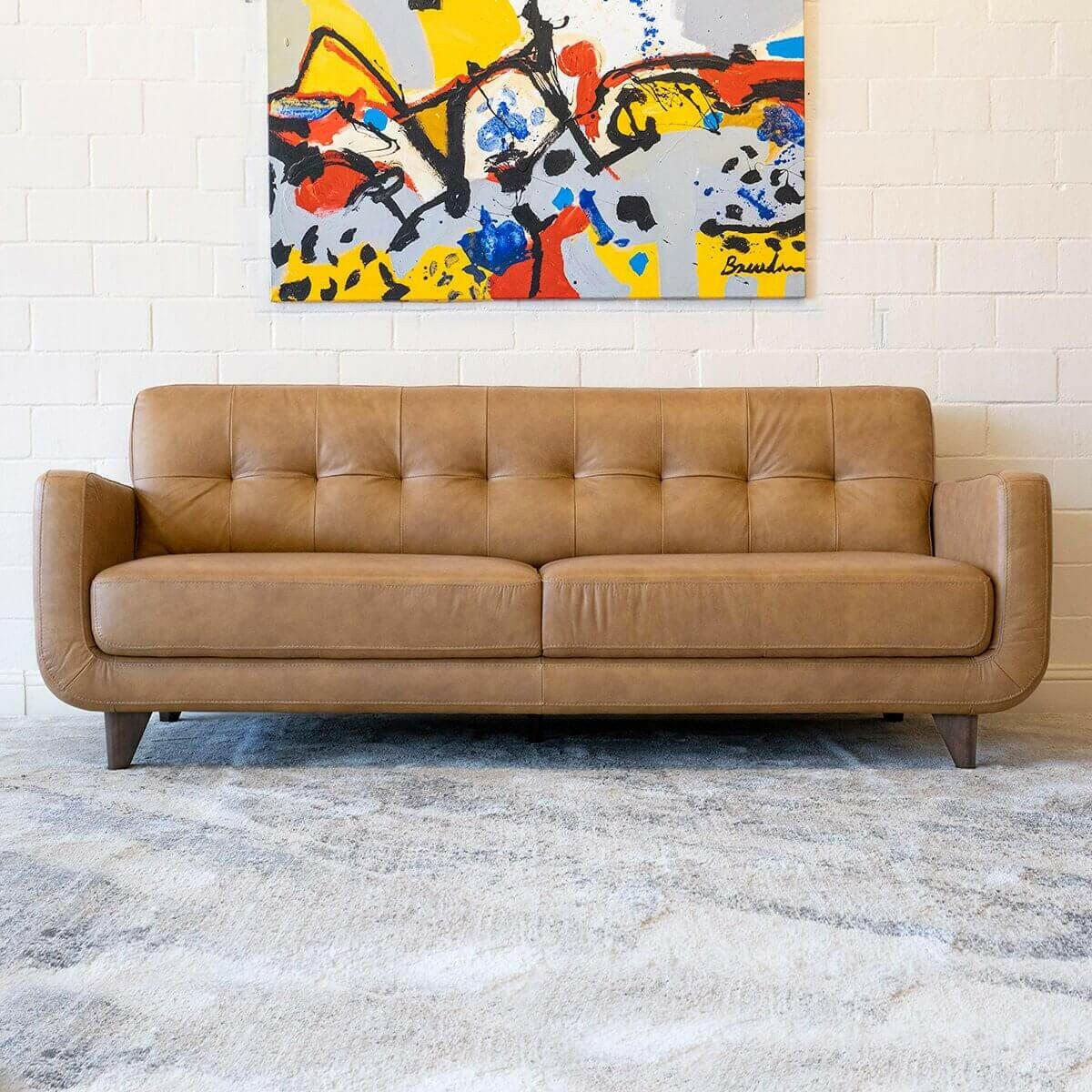 Allison Tufted Back Cognac Tan Genuine Leather Sofa.