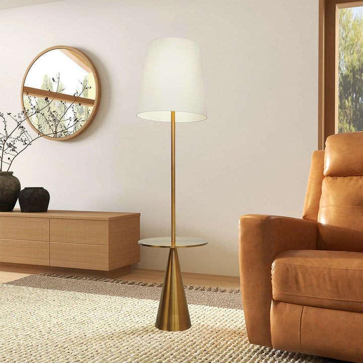 Celestial Modern Floor Lamp with Brass Accent Table with Large White Shade.