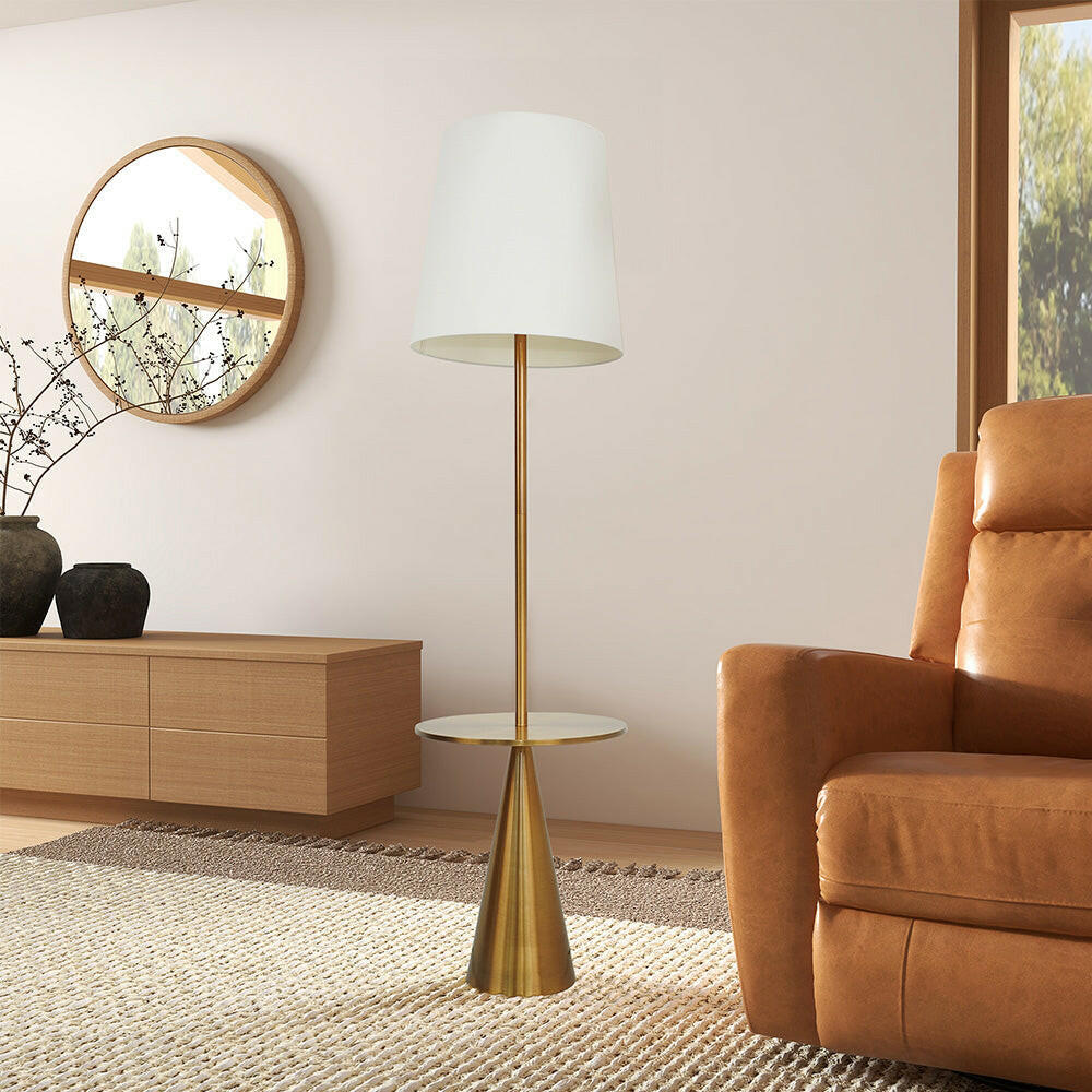 Celestial Modern Floor Lamp with Brass Accent Table with Large White Shade.