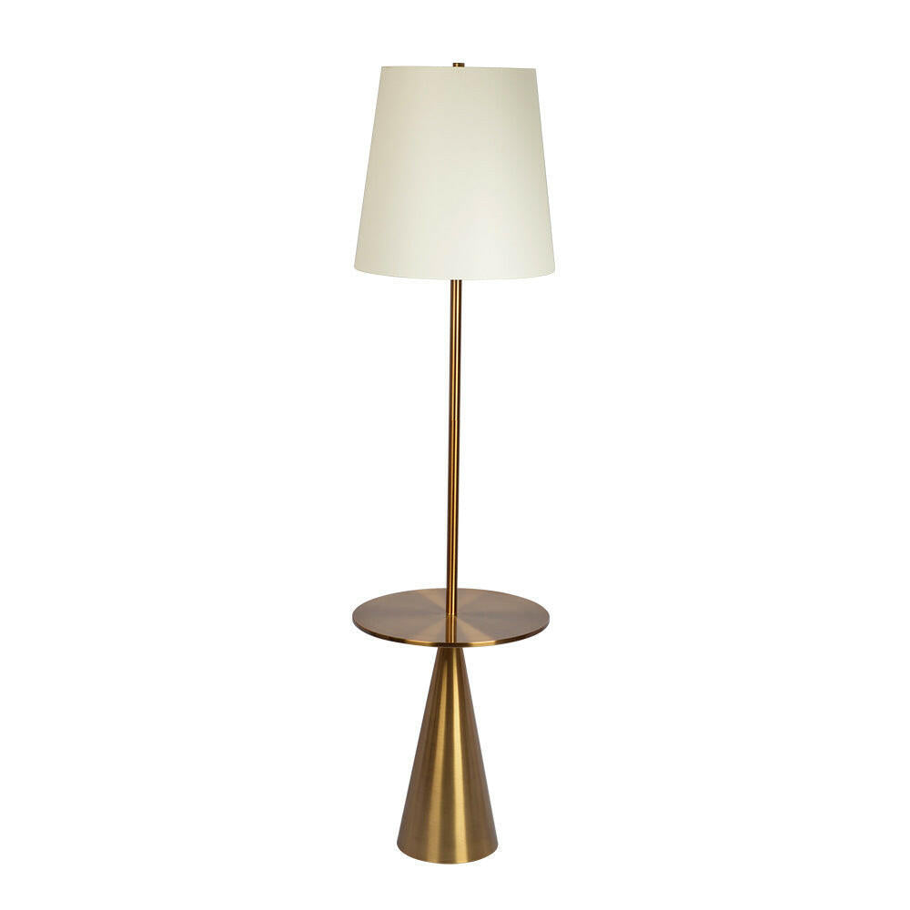 Celestial Modern Floor Lamp with Brass Accent Table with Large White Shade.