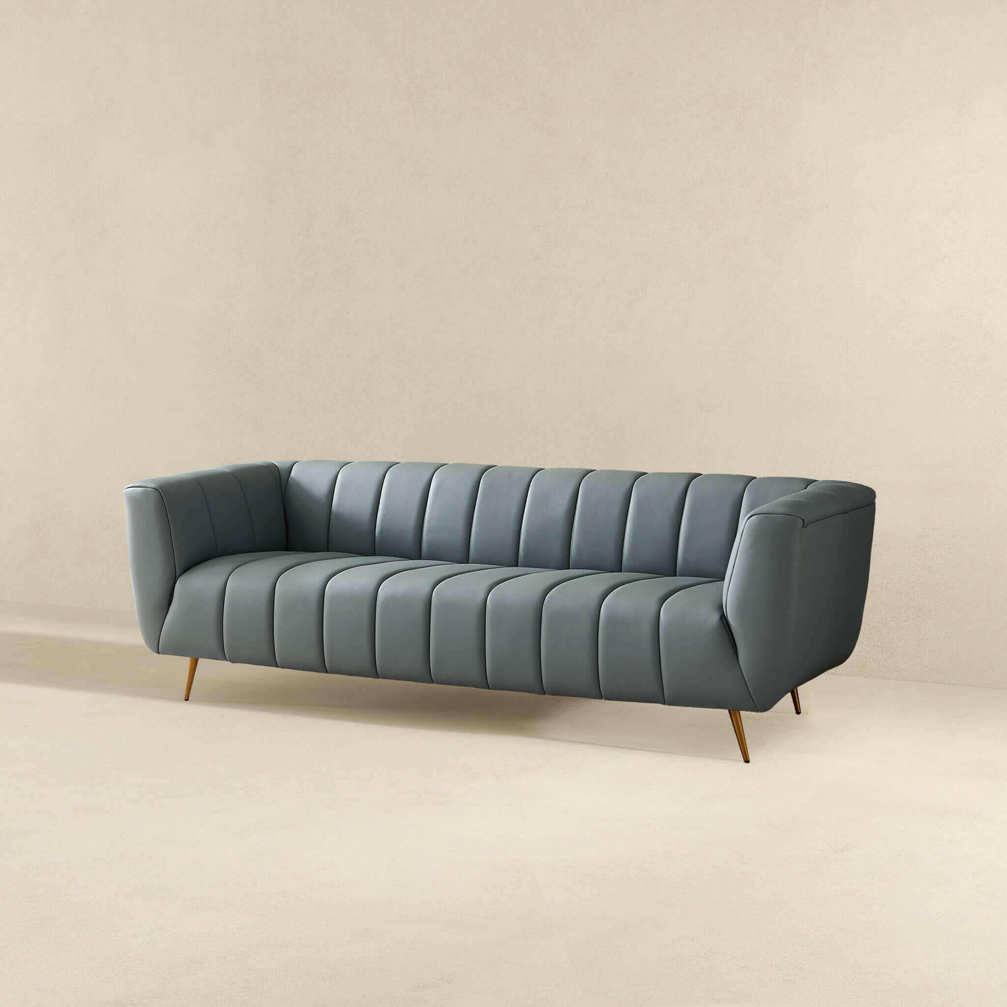 LaMattina Genuine Italian Blue Leather Channel Tufted Sofa.