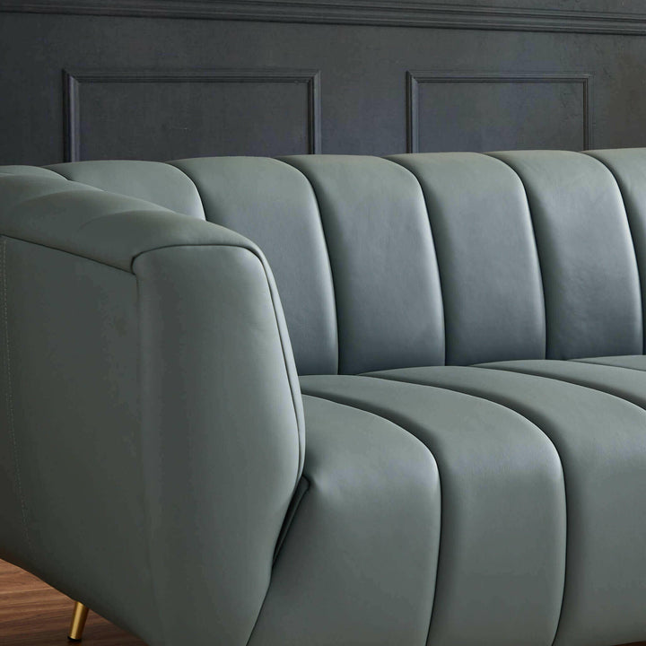 LaMattina Genuine Italian Blue Leather Channel Tufted Sofa.