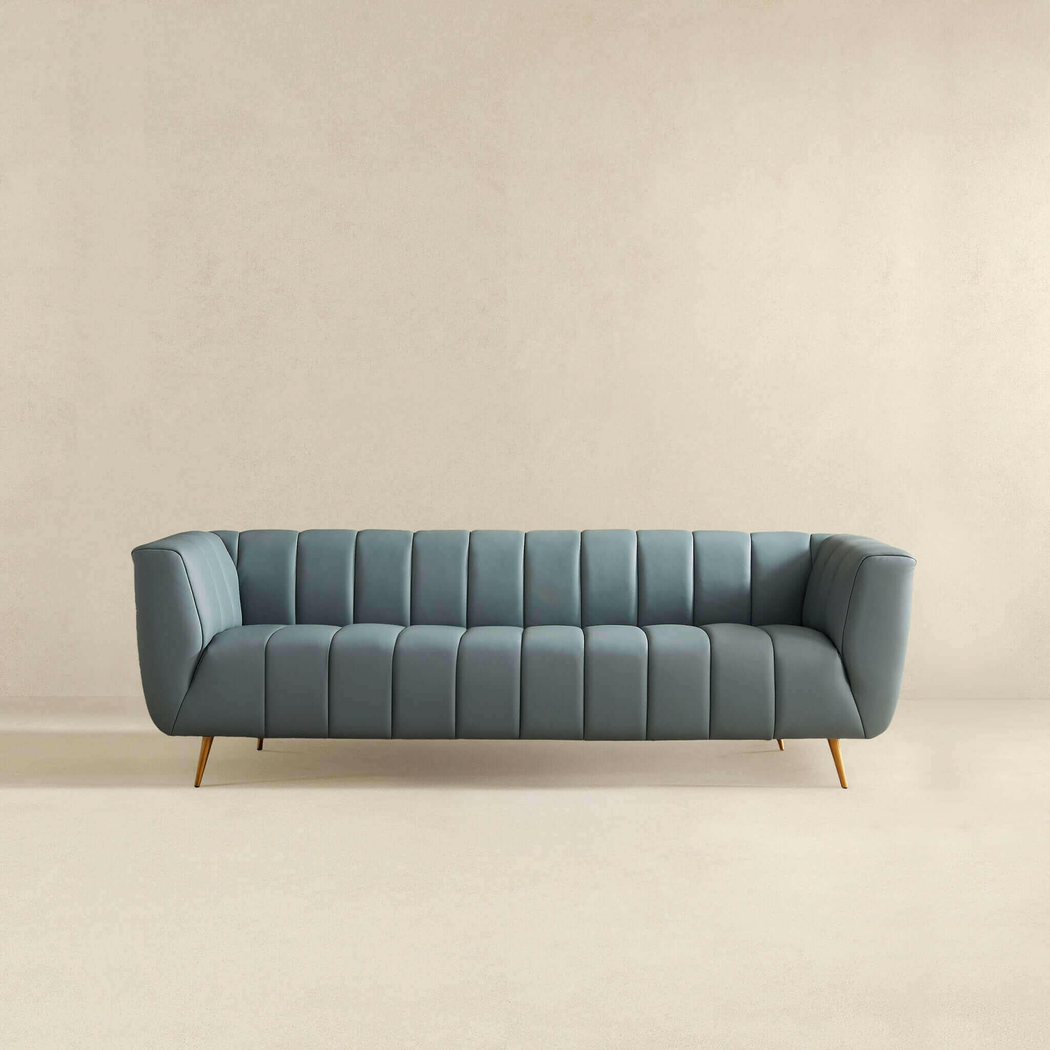 LaMattina Genuine Italian Blue Leather Channel Tufted Sofa.