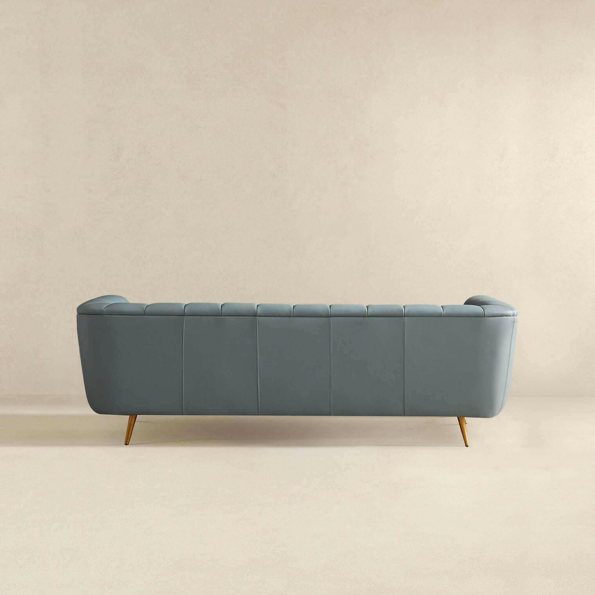 LaMattina Genuine Italian Blue Leather Channel Tufted Sofa.