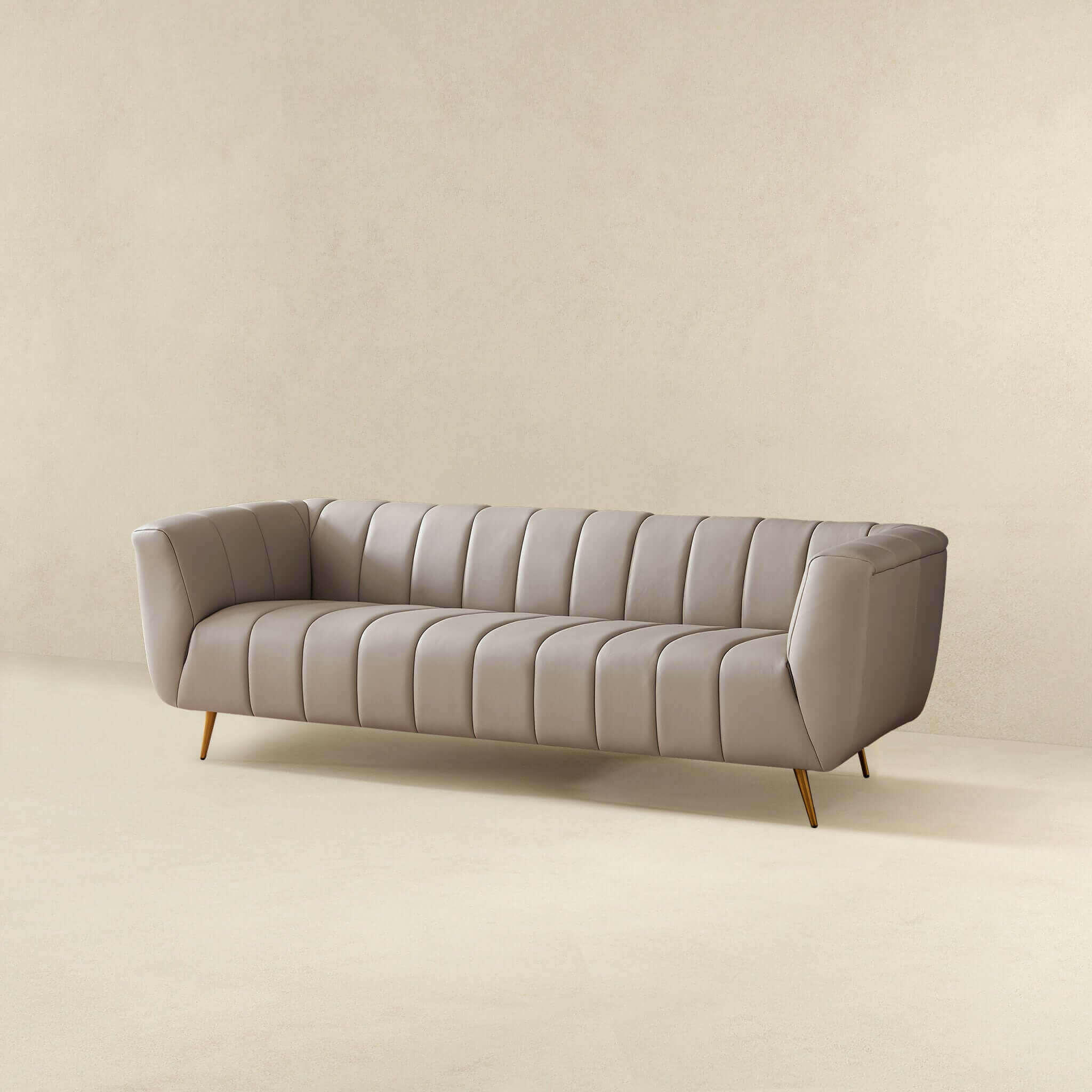 LaMattina Genuine Italian Grey Leather Channel Tufted Sofa.