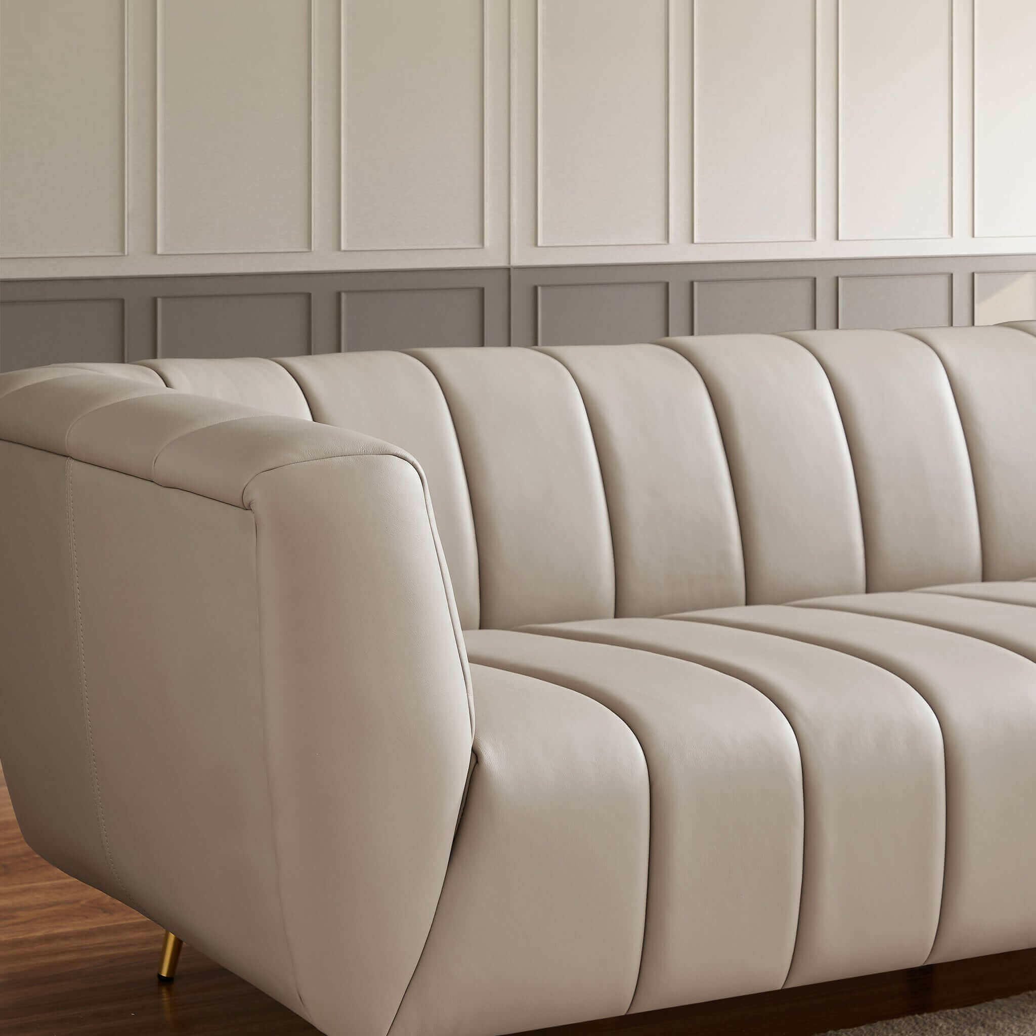 LaMattina Genuine Italian Grey Leather Channel Tufted Sofa.