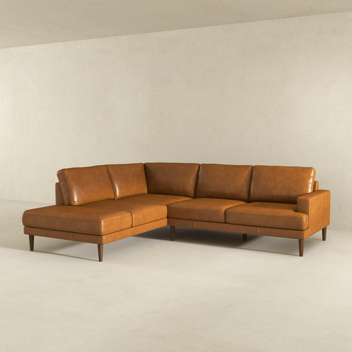 Corbin Left-Facing Tan Leather Sectional Sofa.